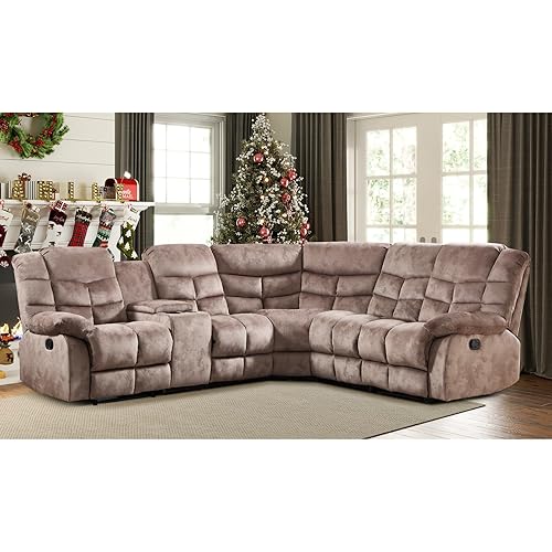 EBELLO Manual Reclining Sectional Sofa Set for Living Room, Soft Fabric Recliner Corner Sectional Couch with Center Console, Cup Holder and Storage, Brown