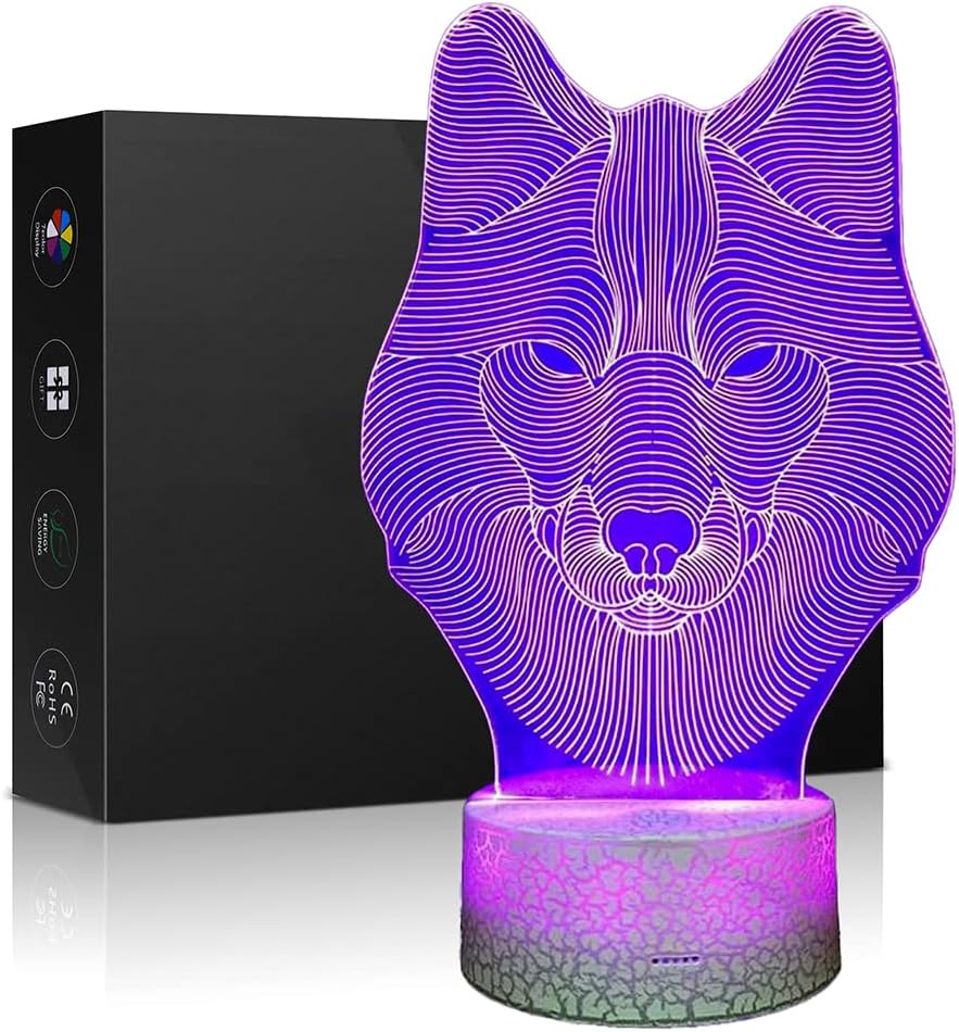 3D Illusion Lamp Animals Wolf Night Light Touch Table Desk Lamps 7 LED Colors Changing Lighting Wolf Shape Acrylic Table Desk Bedroom Decoration Cool Gifts Ideas Birthday Xmas (Animals Wolf)