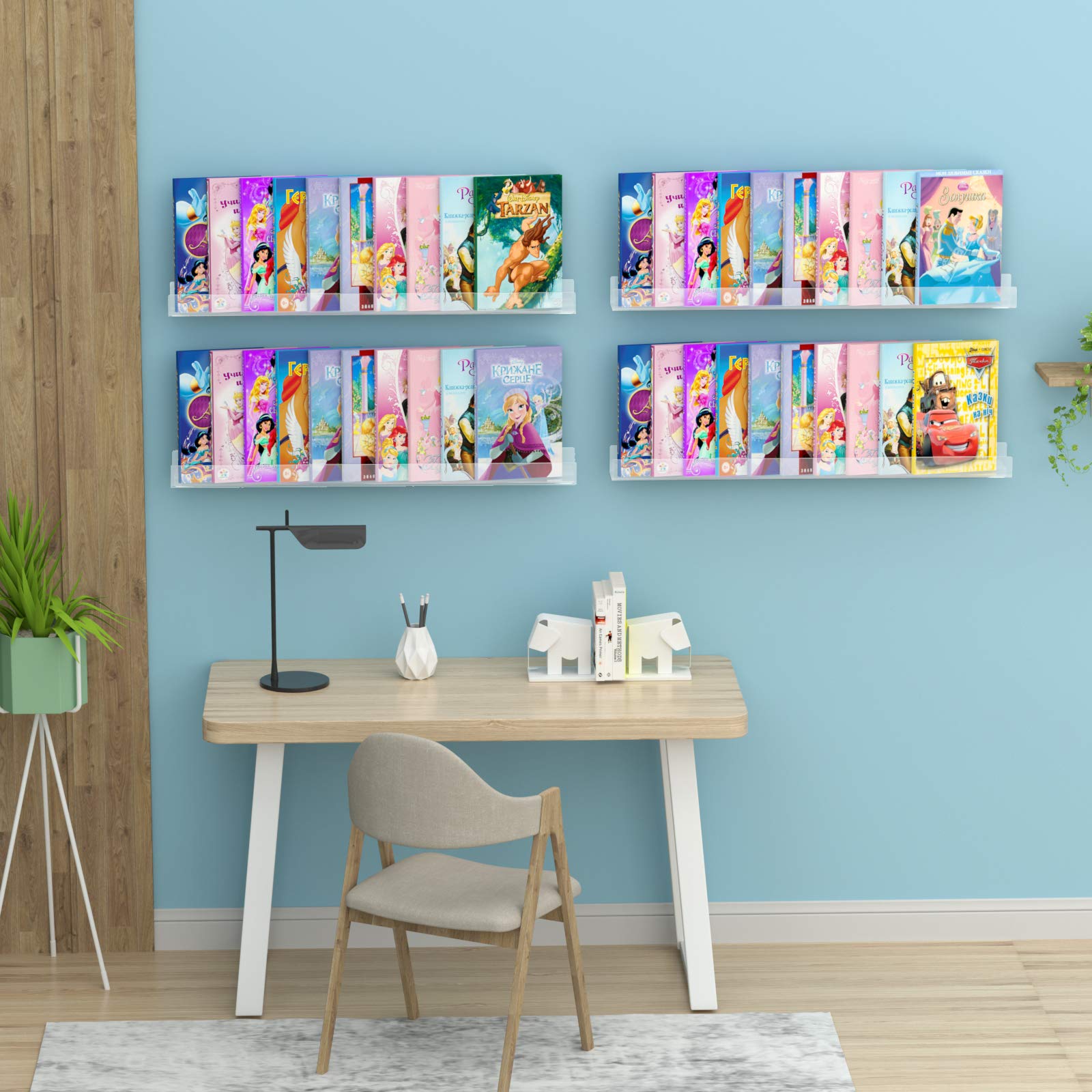 Estantería flotante de acrílico para niños, invisible, de pare, para libros, estantería de almacenamiento con bordes frontales 4