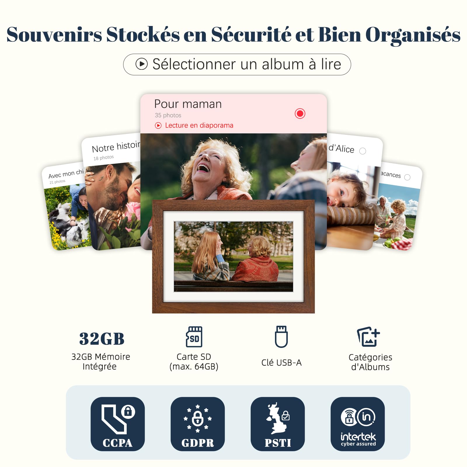 Frameo Cadre Photo Numérique WiFi 10.1 Pouces Noyer Bois Mémoire 32 Go, Écran Tactile HD IPS 1280 x 800, Auto-Rotation, Partage de Photos Vidéos Via Frameo APP/USB/SD, Cadeau Femme Homme