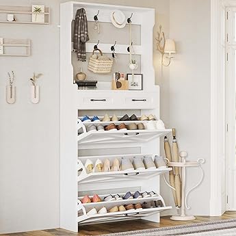 GAOMON Shoe Cabinet with 3 Flip Drawers, Entryway Cabinet with Adjustable Shelves, Accommodate 12 to 18 Pair of Shoes, Space-Saving Slim Shoe Cabinet for Entryway, Hallway, Front Door, White Oak