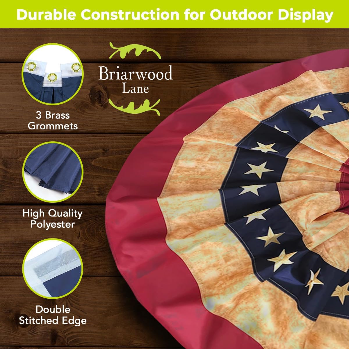 Tea Stained Patriotic Embroidered Bunting USA 48" x 24" Pleated Banner with Brass Grommets