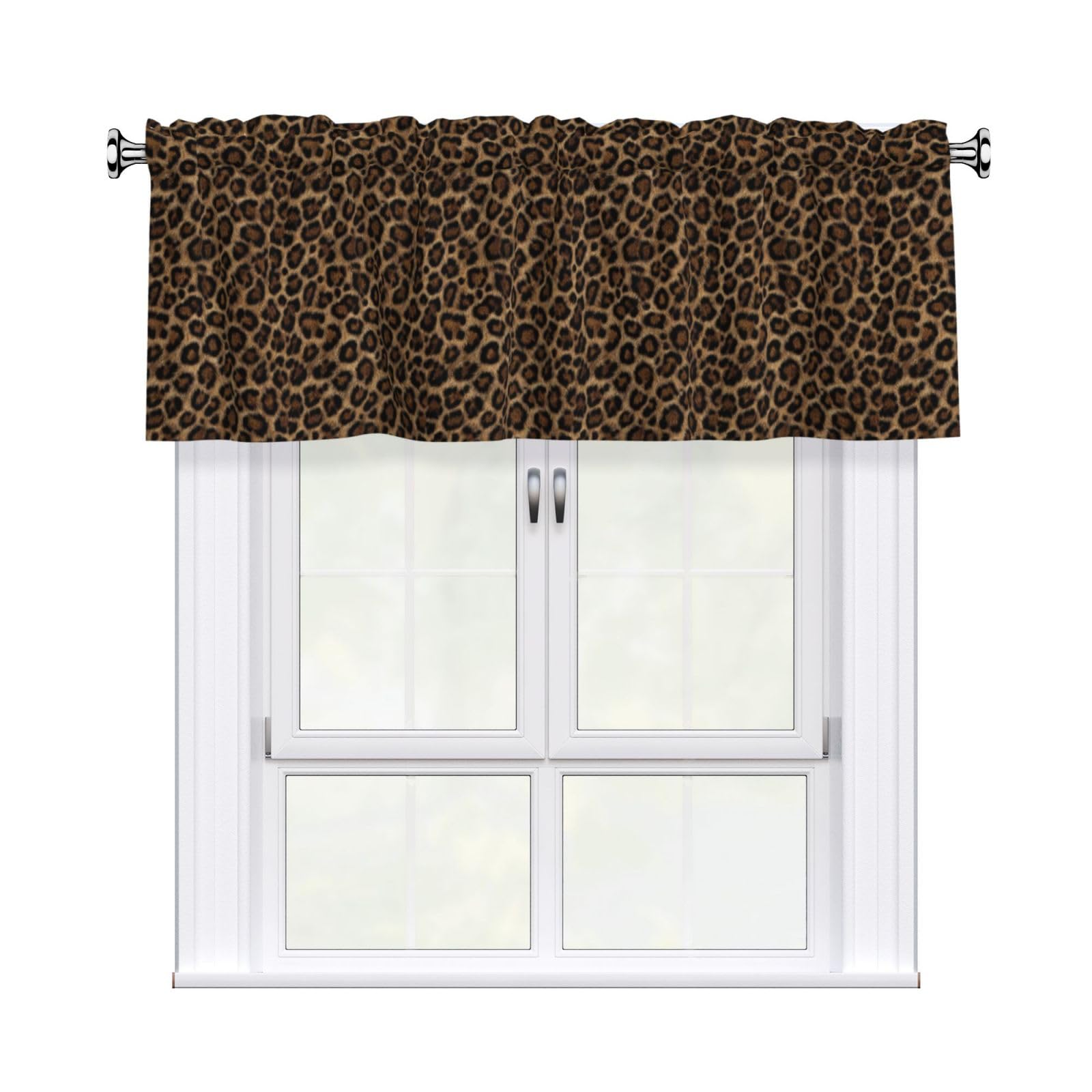 Woshuwo Leopard Texture Brown Spots On Black Valances For Windows Rod Pocket Window Treatment Short Curtains For Kitchen Living Room Bedroom Decor 54x18in