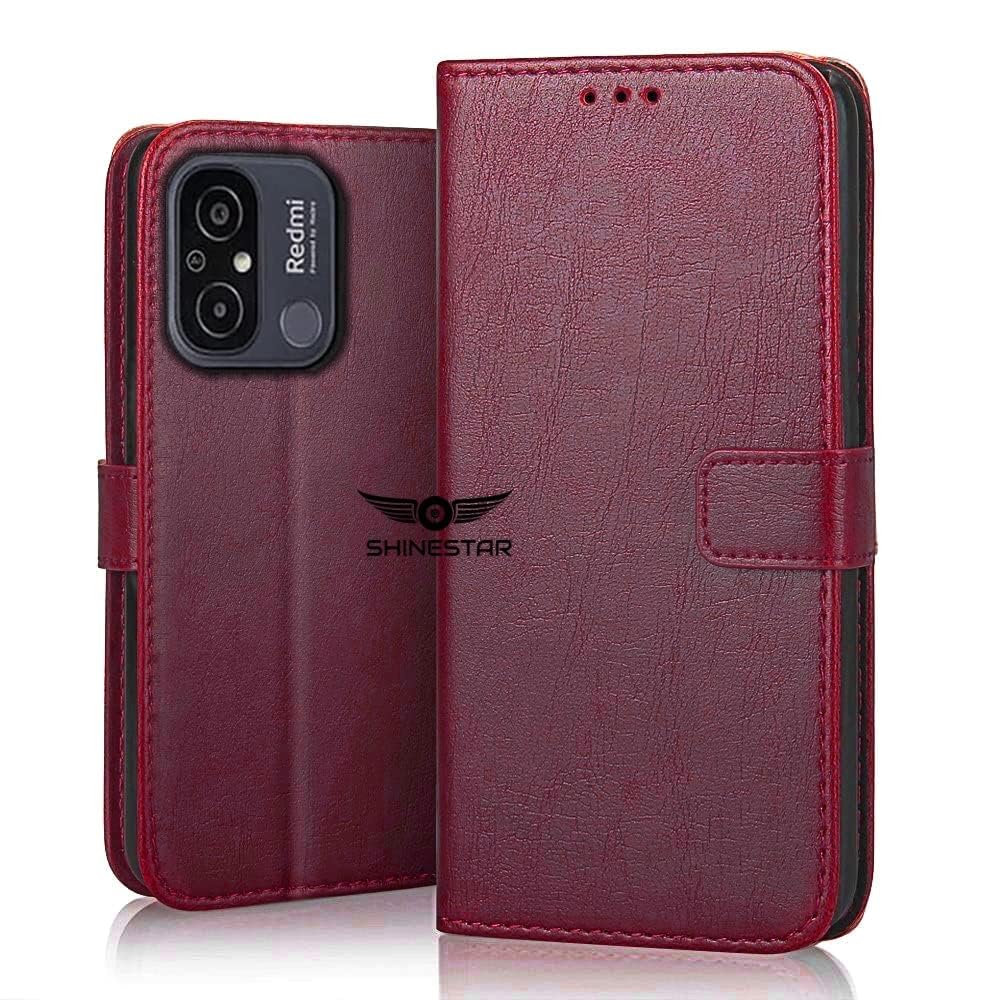 SHINESTAR Redmi 12C / Poco C55 Flip Back Cover | PU Leather Flip Cover Wallet Case with TPU Silicone Case Back Cover for Redmi 12C / Poco C55 - Blood Red