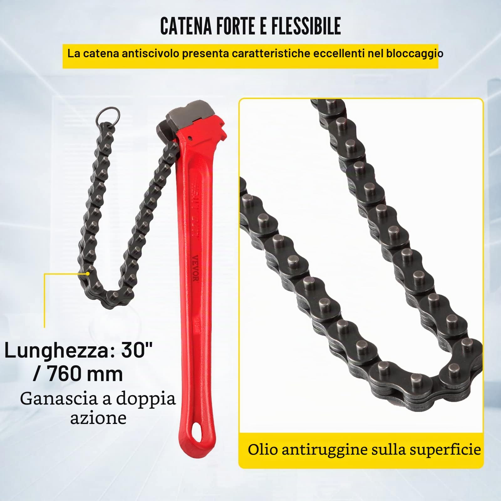 VEVOR Chiave a catena per tubi da 36 pollici, Chiave a catena per filtro dell'olio per impieghi gravosi Capacità da 4-1/2 a 7-1/2 pollici, Chiave a catena da 30 pollici (760 mm) Lunghezza catena Strum