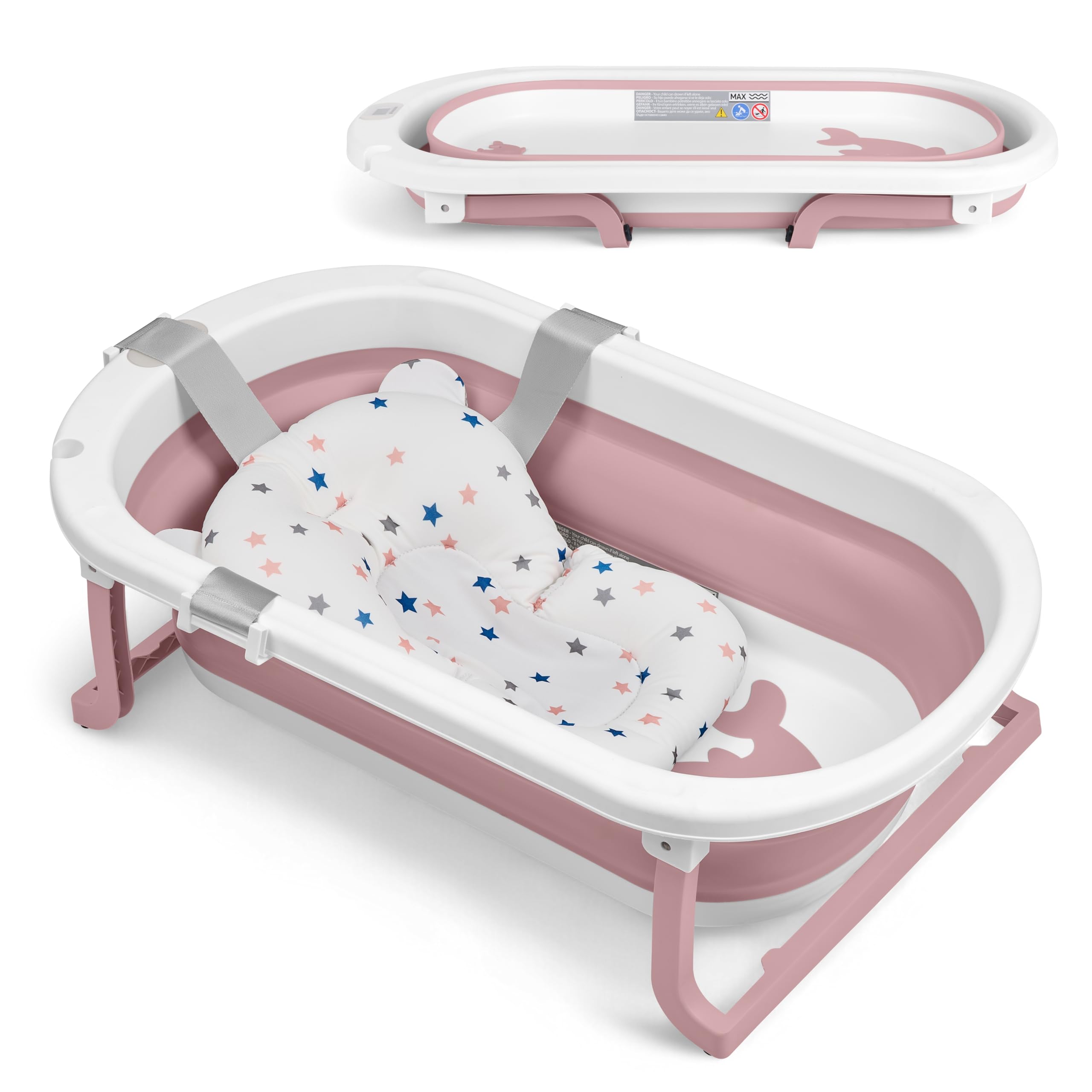 KikkaBoo Vaschetta Bagnetto Neonato Pieghevole WILLY, Salvaspazio con Termometro Integrato, Cuscino Morbido di Supporto, Gambe Antiscivolo, 0-36 Mesi, Regalo Nascita Bambino, Rosa
