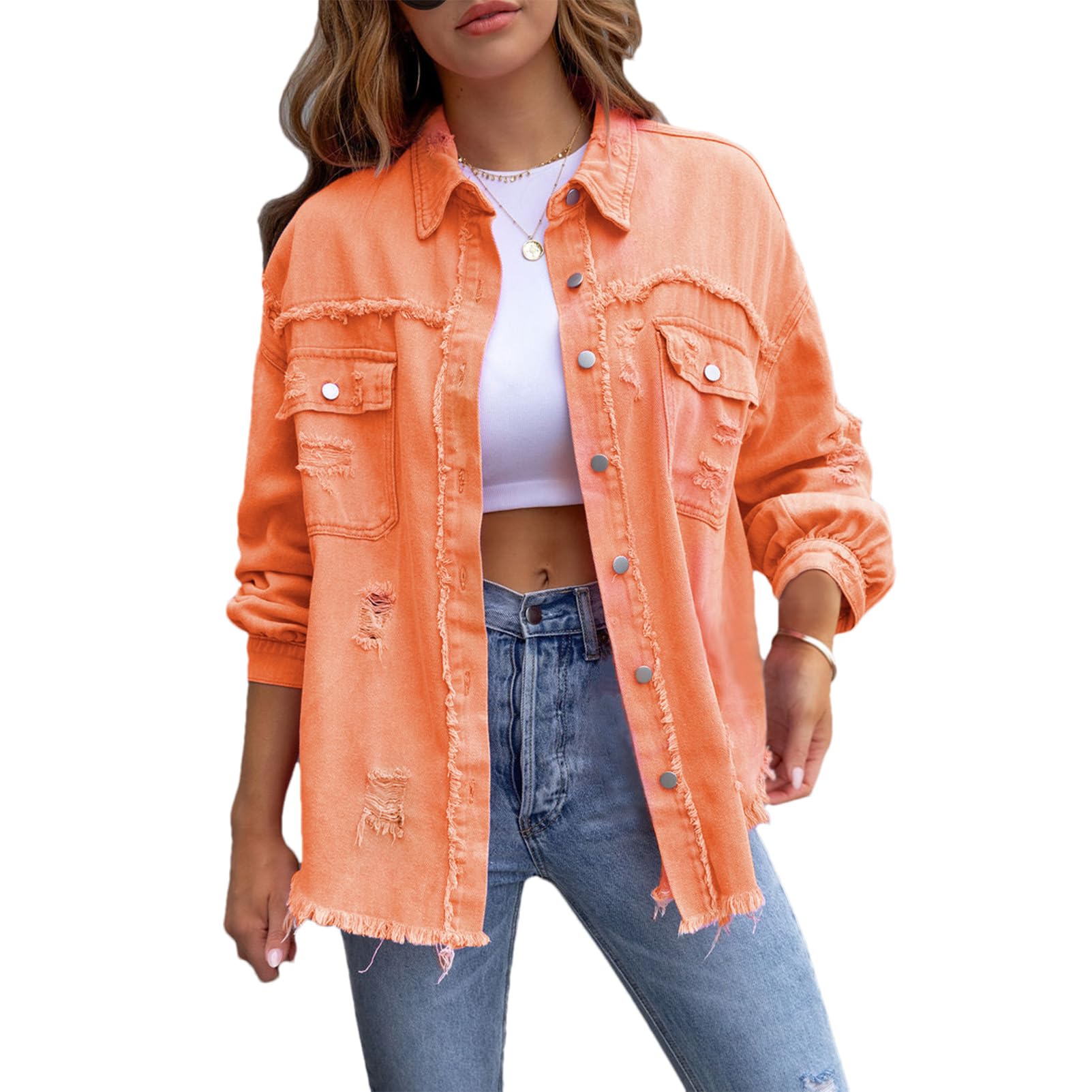 amropi Veste en Jean pour Femmes Chemisier en Denim Léger Blouson Ourlet Effiloché Jacket