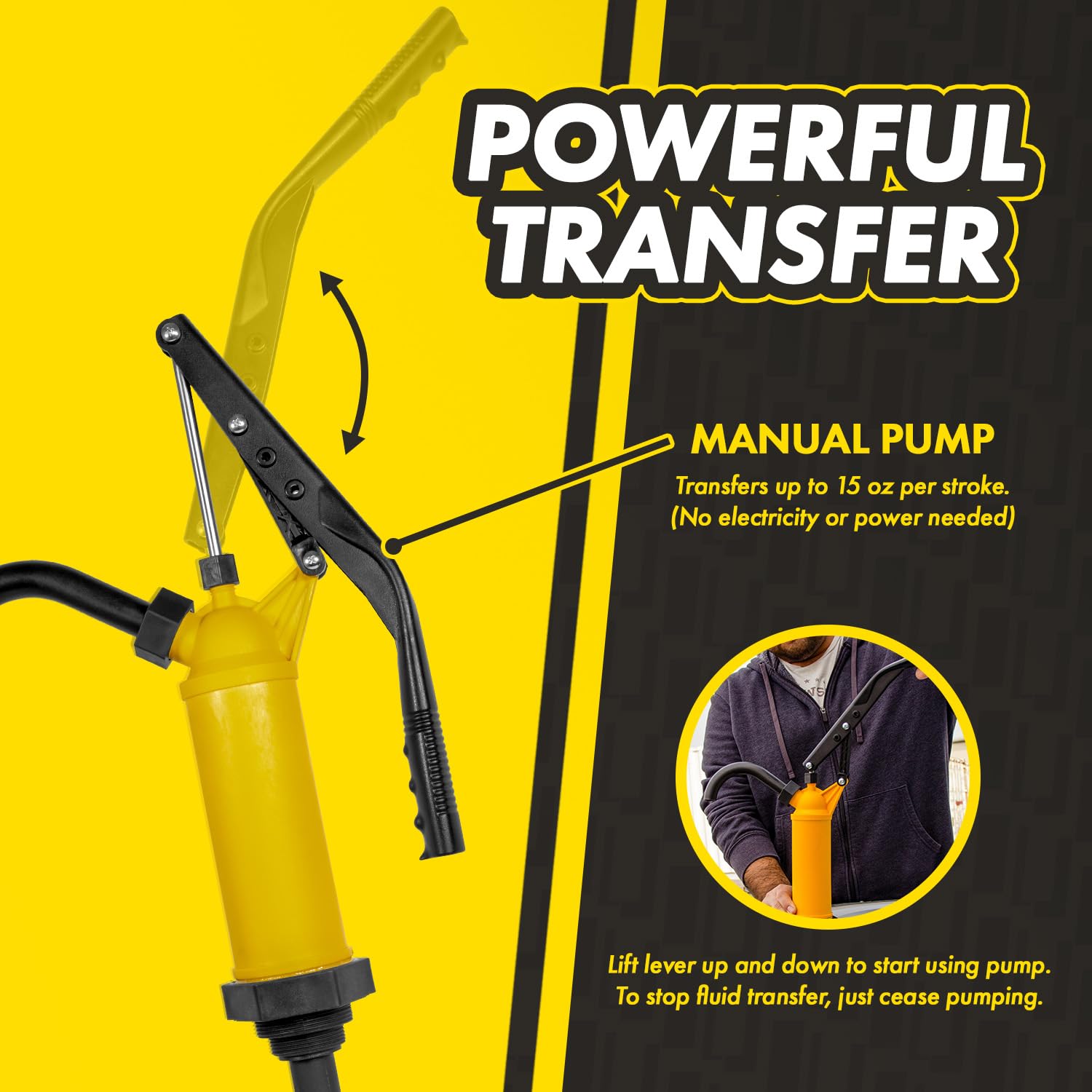 Pompe à tambour manuelle à levier pour diesel, huiles légères, lubrifiants, antigel, alcools – Fabriquée en polypropylène et en acier inoxydable – Convient aux conteneurs de tambour de 15 à
