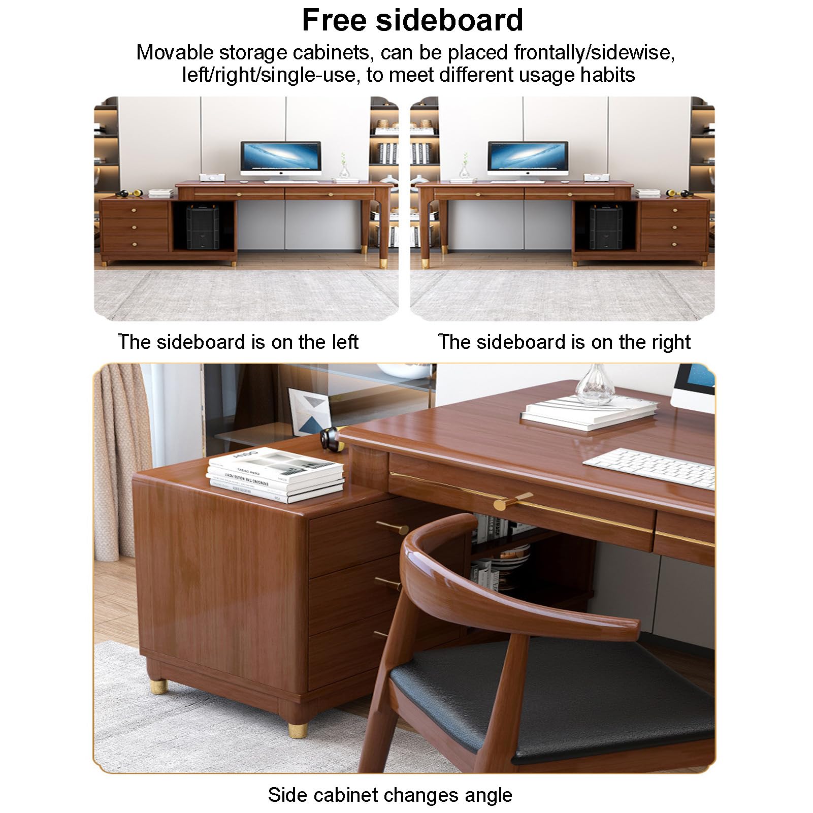 Morn walnoothouten L-vormig executive bureau van 1815 mm met zijkast, in hoogte verstelbaar bureau voor op het bureau met doorzichtige arcylische poten｜Homary