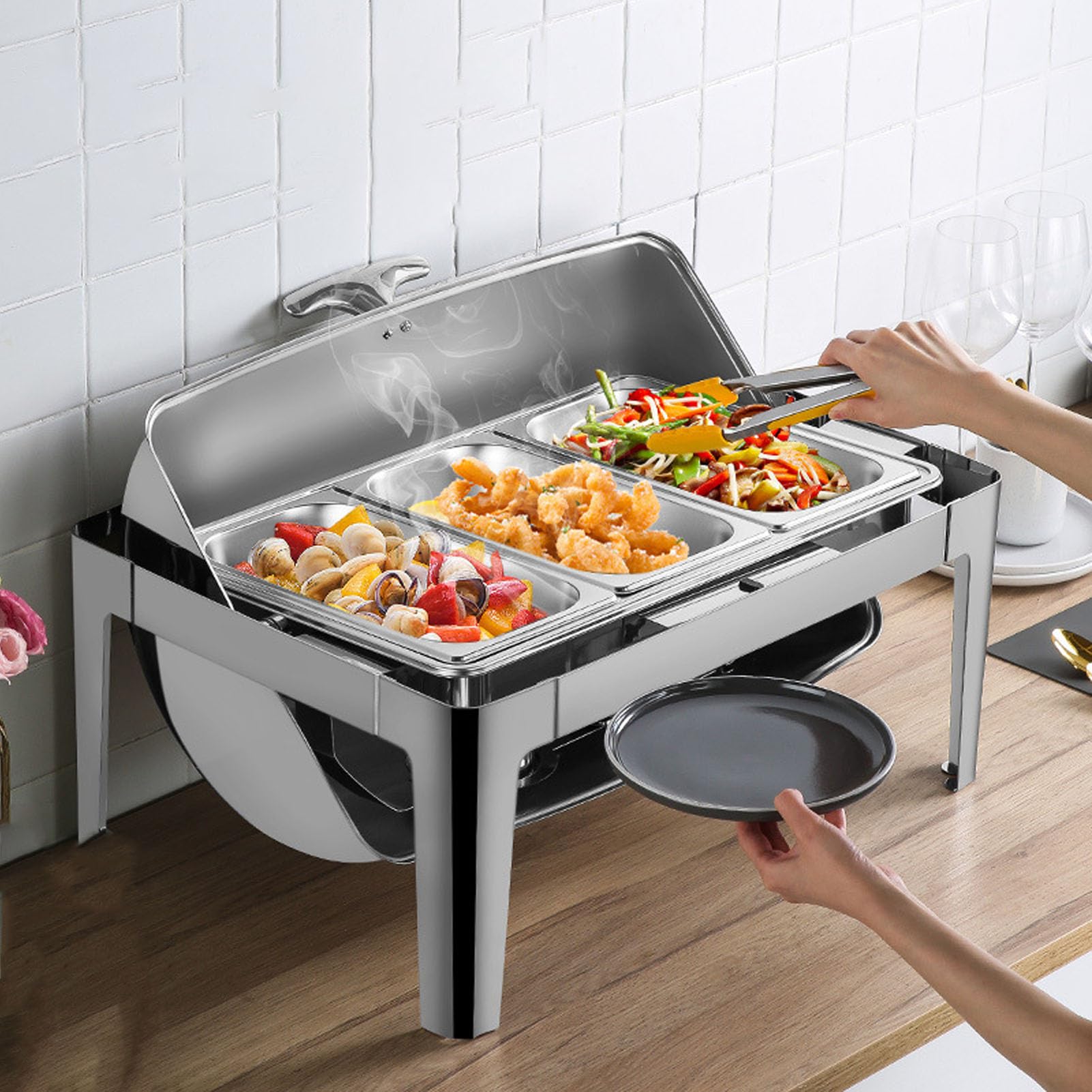 Chafing Dish, Edelstahl, Buffet-Chafer, 9 l, Buffet, Gastronomie, Speisenwärmer, transparenter Glasdeckel, Alkohol-Heizung, rechteckig (Silber)