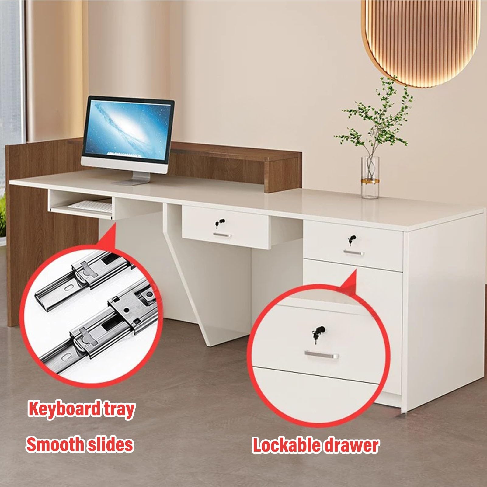 Scrivania per reception, con luce LED, con cassetto, con serratura, design moderno, per reception, postazioni di lavoro e postazioni di servizio clienti.