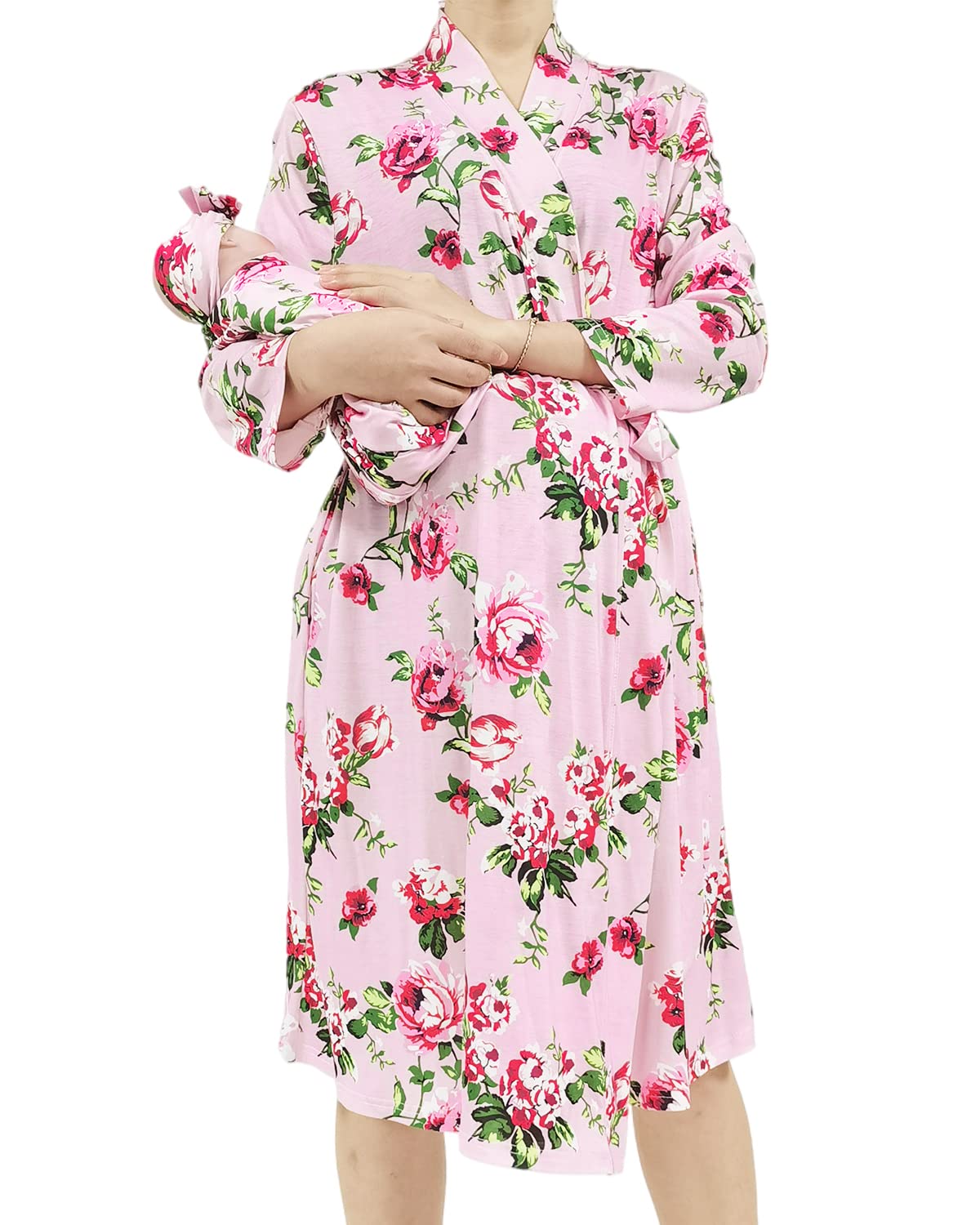 SUFEINI Maternity Robe and Matching Baby Swaddle Blanket Set, Mommy Robe with Receiving Blanket Girls Boys Sleepwear