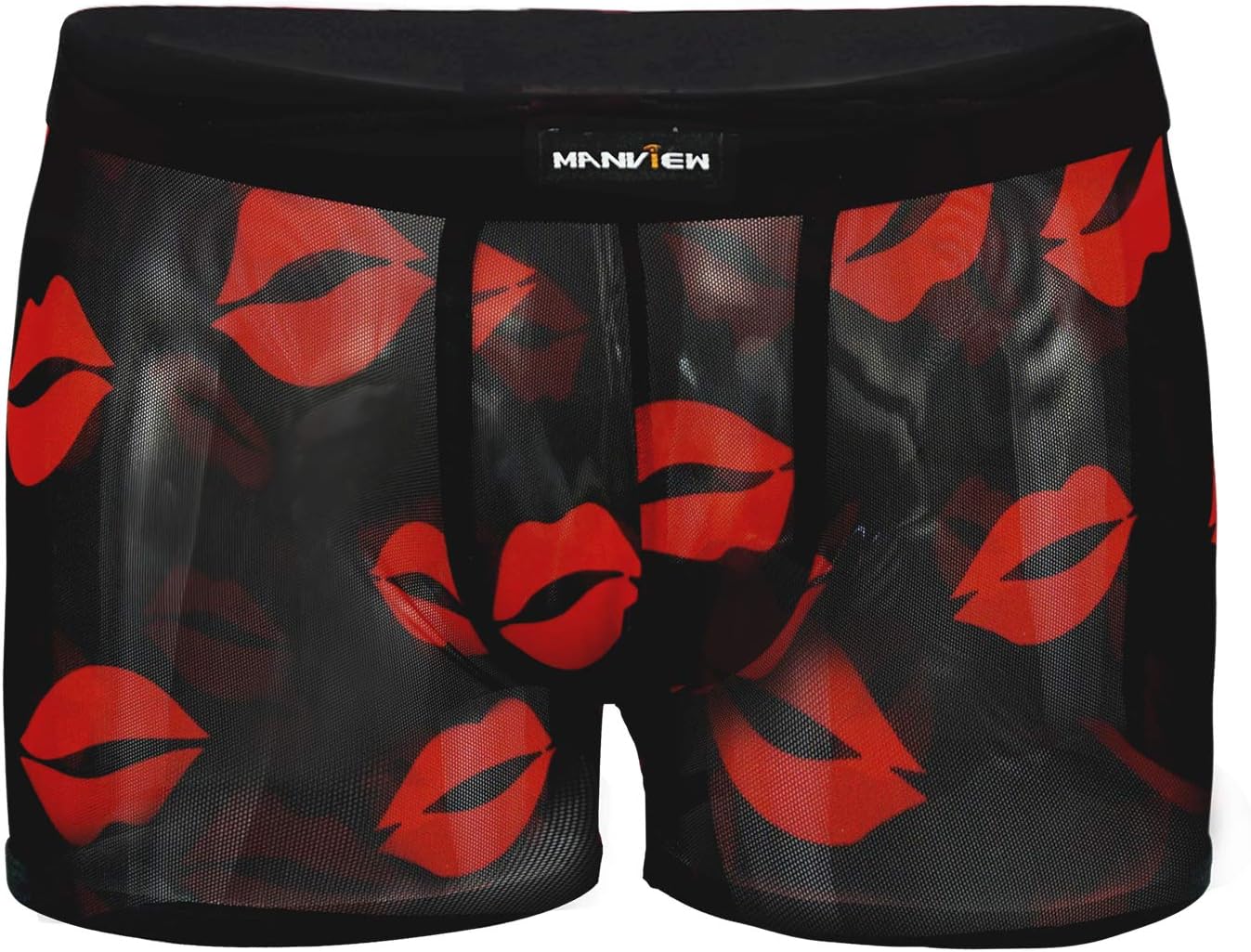 Sexy Black Men's Lips Pattern See-Through Underwear Boxer Briefs