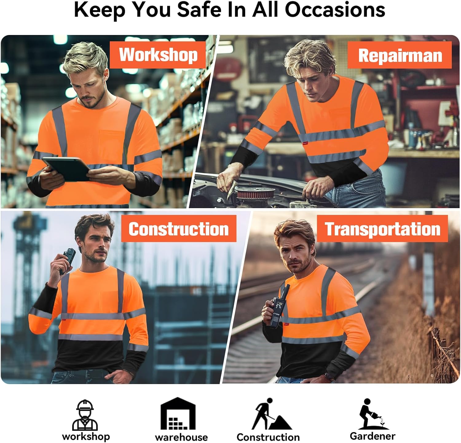 ProtectX Men's High Visibility Heavy Duty Long Sleeve Reflective Safety T-Shirts for Construction, Class 2-3 Type R - Image 6