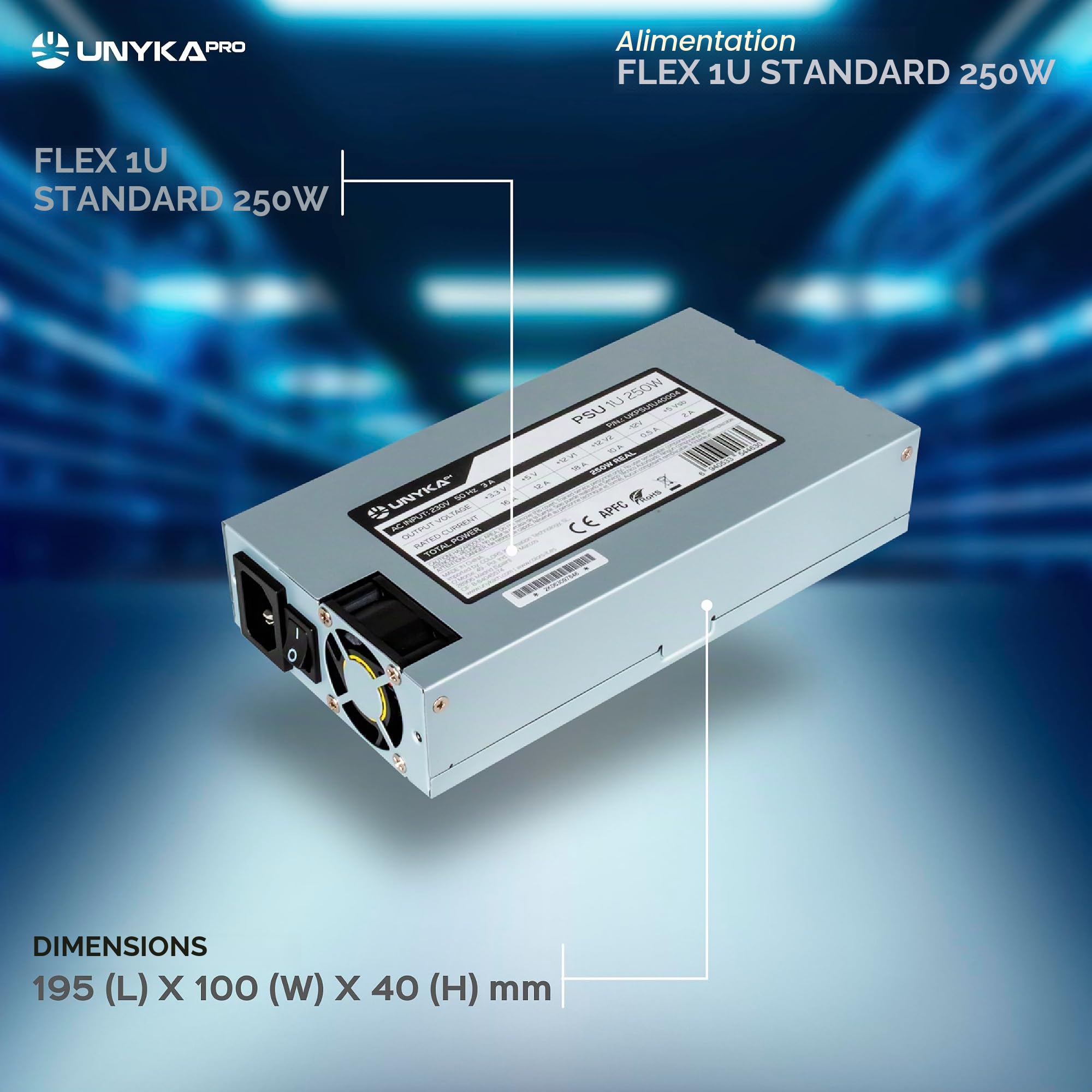 UNYKAch Bloc d'alimentation Flex 1U Standar 250 W, idéal pour boîtier Rack 19" de 1U Cranberry