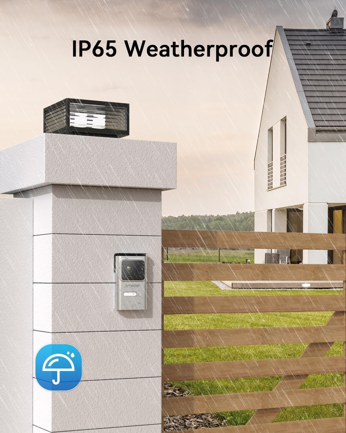 TMEZON outdoor doorbell unit mounted on a wall, demonstrating IP65 weatherproof rating in rain.