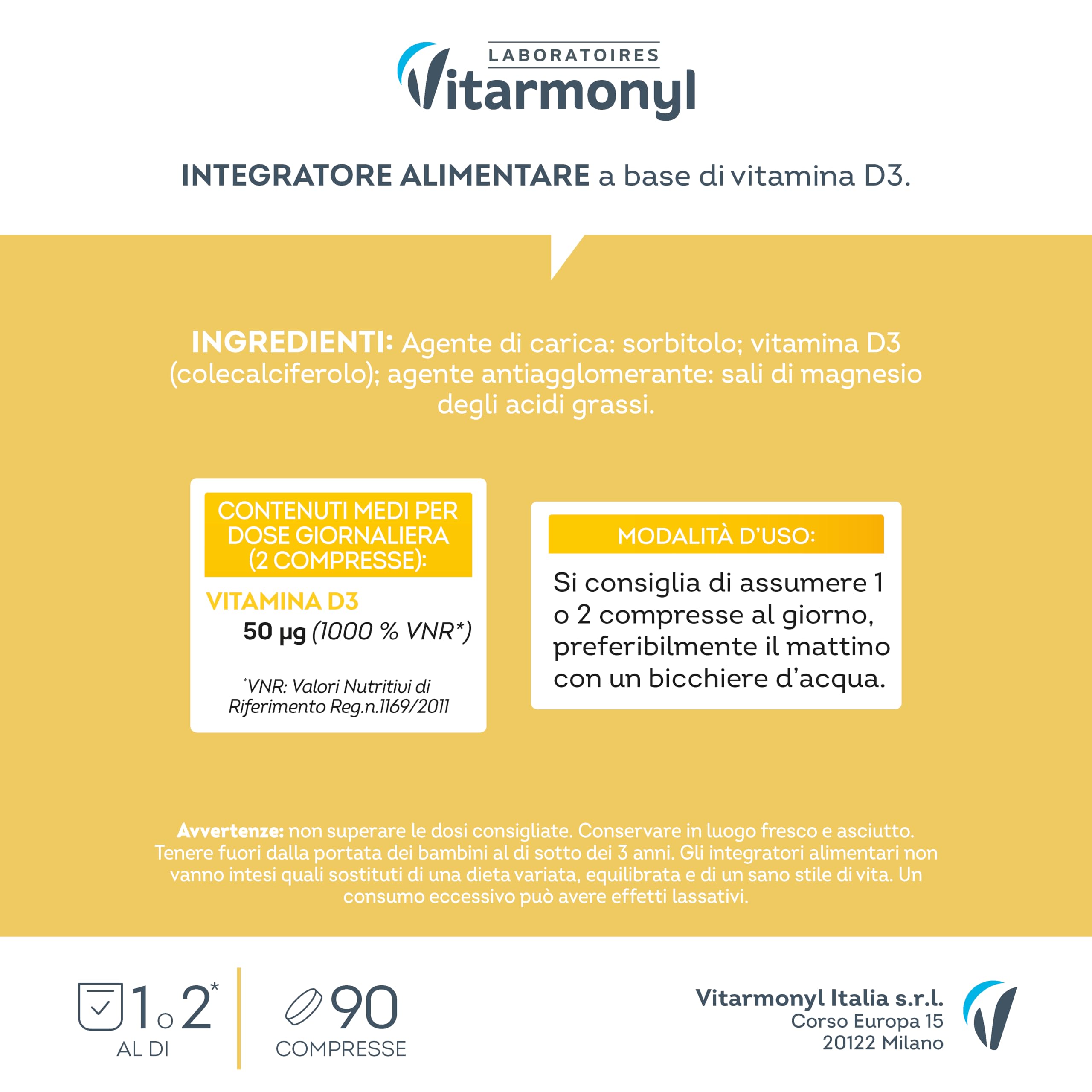 Vitamina D3 - Formula Potenziata 2000 UI - Integratore Difese Immunitarie - Assorbimento Calcio e Fosforo, Salute Ossa, Denti e Muscoli - Sistema Immunitario - 90 Compresse - Vitarmonyl