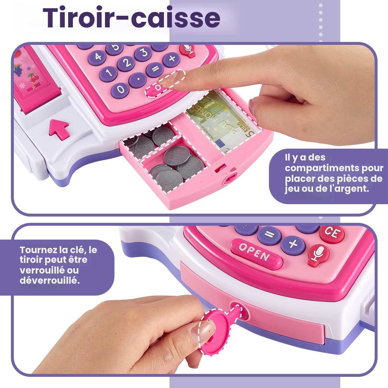 Buyger Grande Caisse Enregistreuse Enfants de 3+ Ans, Imprimante Automatique de Reçus et Scanner, Accessoires de Jouets Alimentaires Marchands, Jeux de Rôle, Cadeaux Éducatifs pour Garçons Filles
