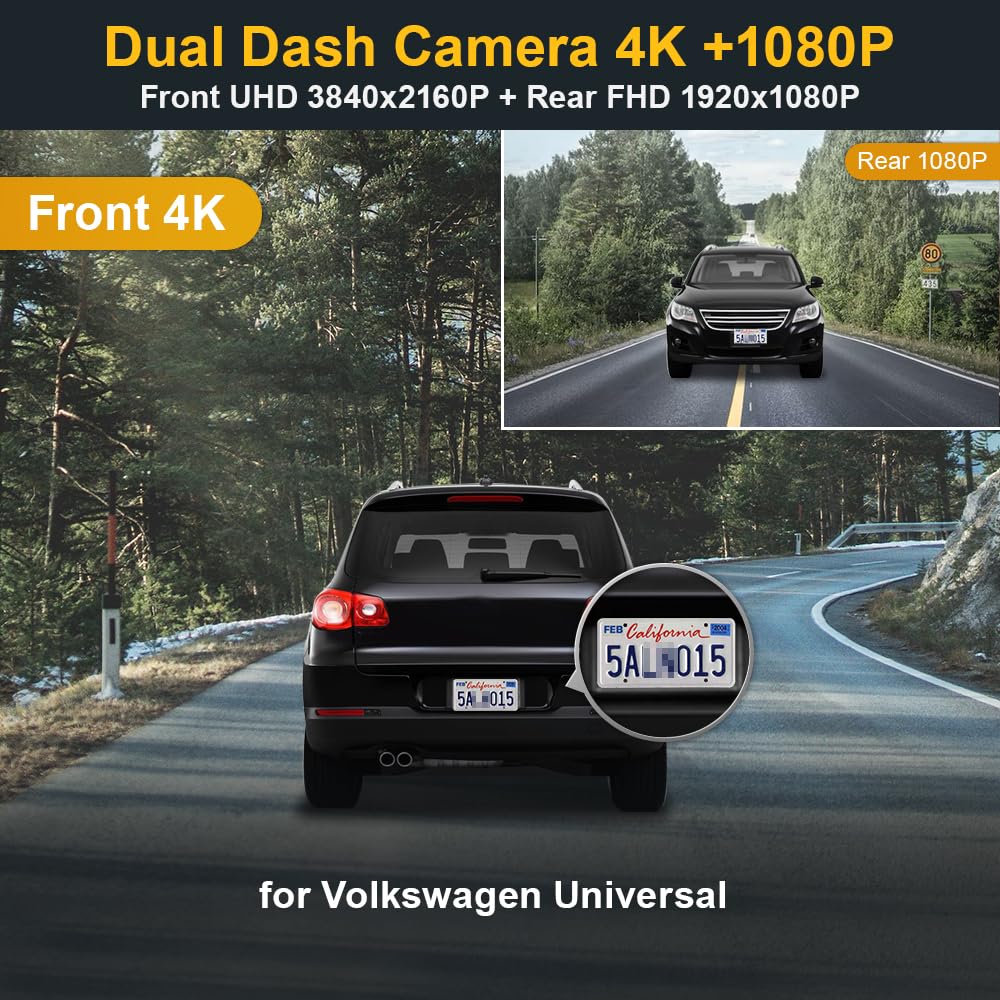 Fitcamx Dashcam Vorne Hinten 2160P + 1080P Passend für VW Universal (HD2-6260), OEM Dashcam 4k UHD Video WiFi, G-Sensor, Loop-Aufnahm, WDR Auto Camera, OEM Volkswagen Zubehör, 128GB Karte