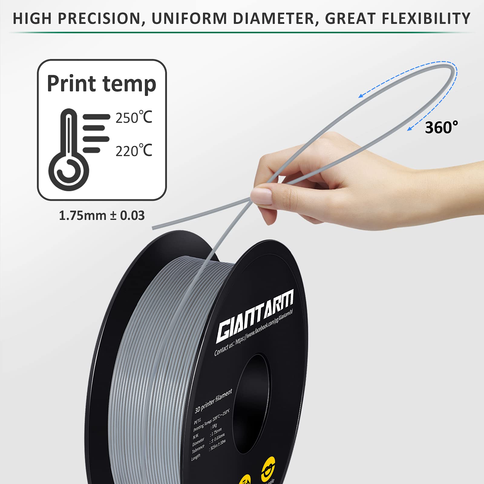 PETG Filament per Stampante 3D, GIANTARM PETG Filament 1,75mm, Dimensional Accuracy +/- 0,2mm 1kg, Grigio