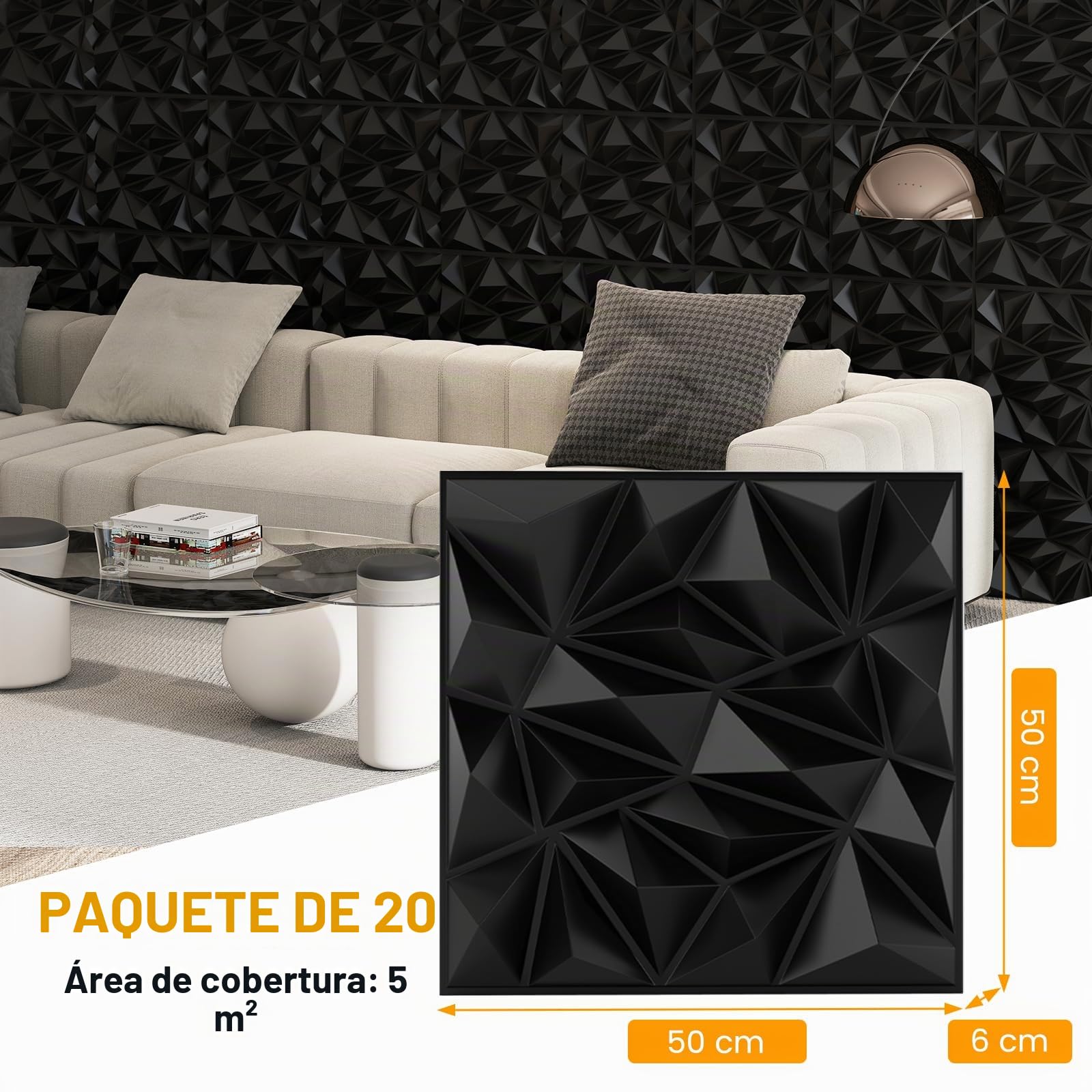LIFEZEAL 20 Paneles de Pared 3D en Forma de Rombo, 50 x 50 cm, Decoración de Pared Interior de PVC, Paneles Cuadrados de Techo para Sala de Estar, Dormitorio (Negro 5 ㎡)
