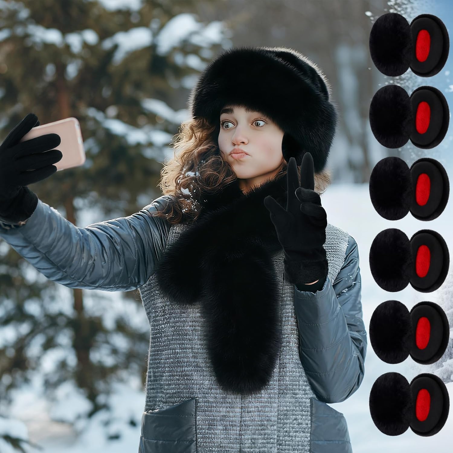 Mepase 4 Pcs Women Winter Faux Mink Fur Mongolian Hat with Faux Fur Collar Scarf Earmuffs and Touch Screen Gloves Set - Image 7