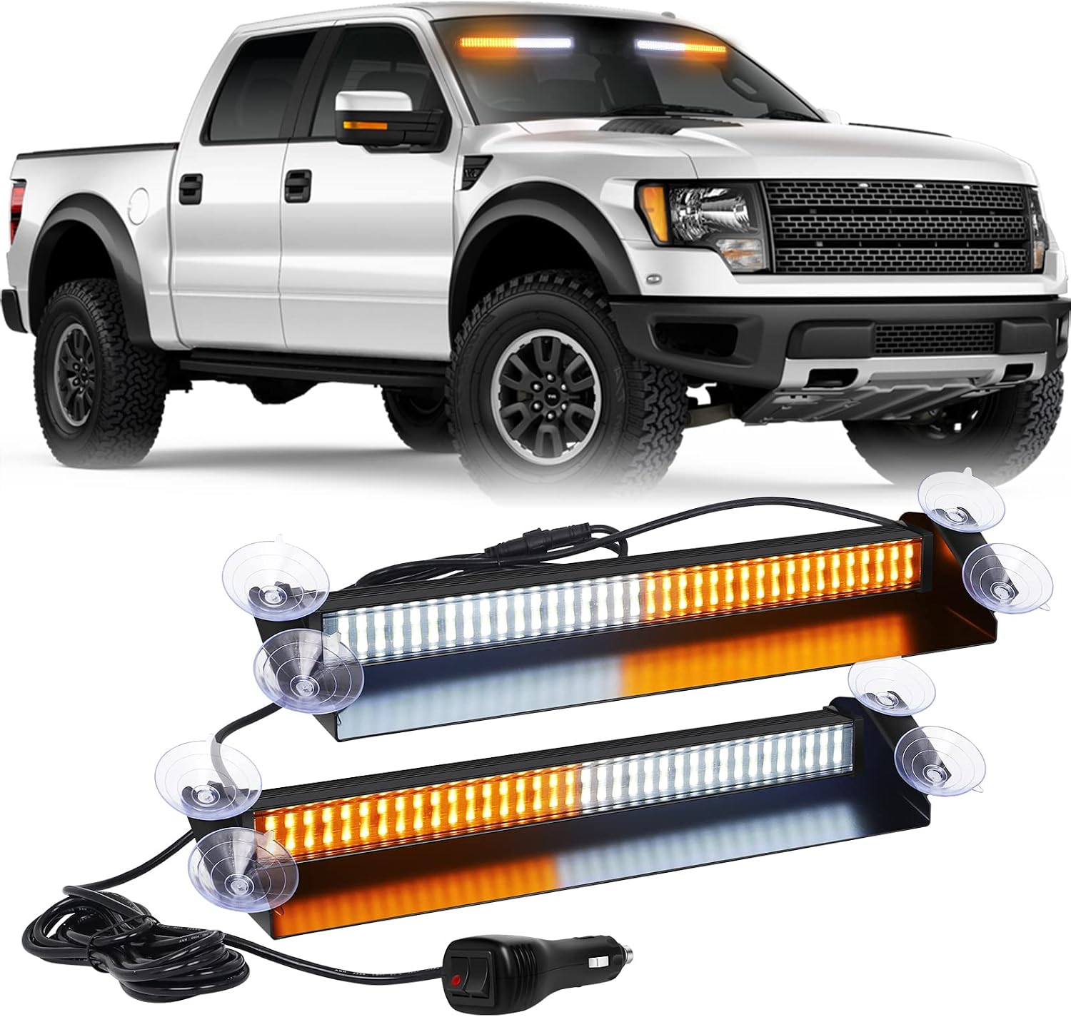 XRIDONSEN Dash Strobe Lights 144 LED Amber White Emergency Warning Hazard Safety 2x 14.5 inch FrontRear Interior Windshield Lights wSuction Cups Deck