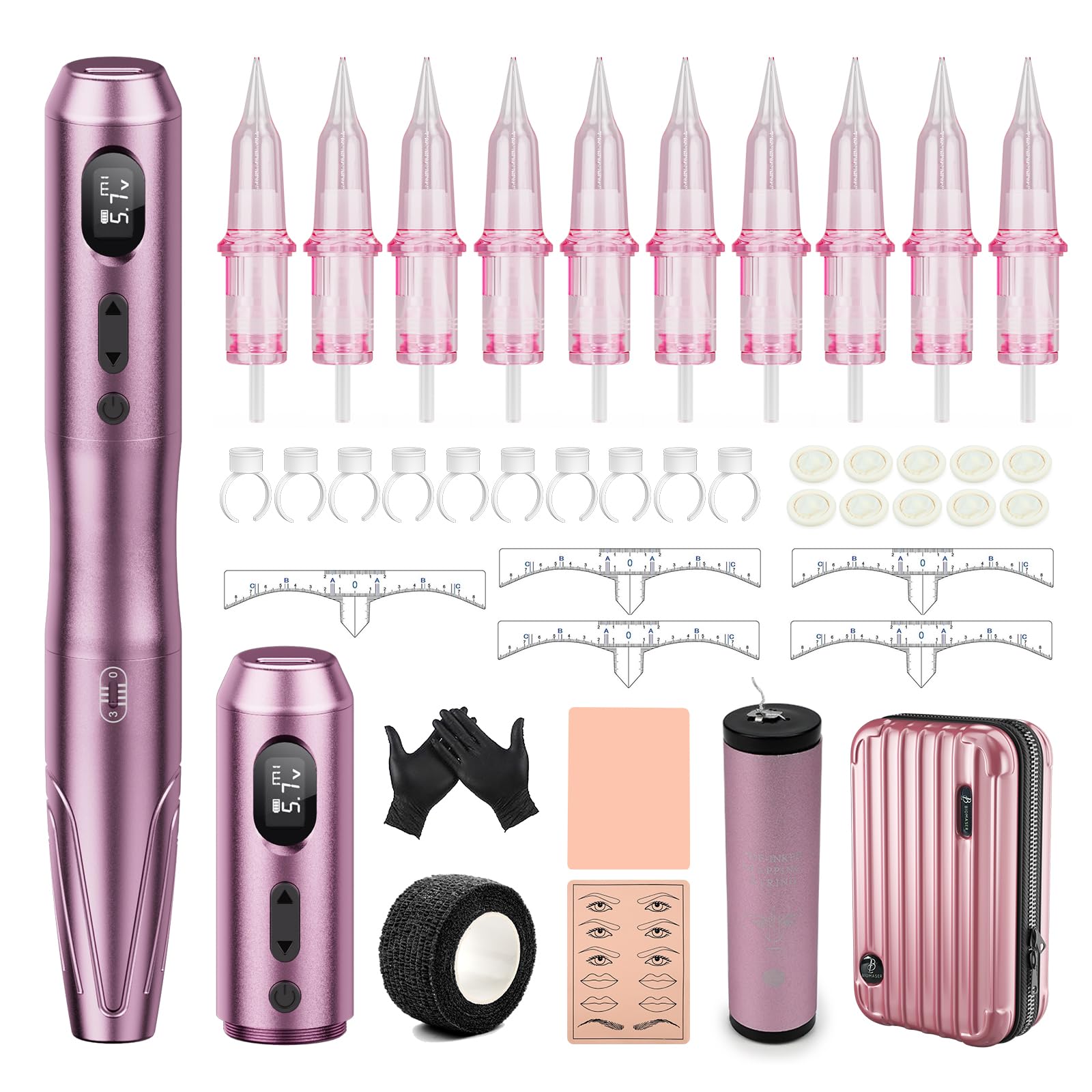 Biomaser Máquina inalámbrica Semi Permanent Maquillaje 2PCS 900mAh Batería con 10 Unidades Cartuchos Agujas para Cejas Labios Eyeliner Ombre Polvo Cejas Microshading Accesorios