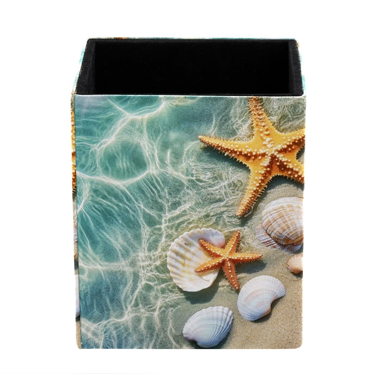 HEOEH Starfish Shells Beach Pen Holder Pen Pot, Square Pencil Cup for Desk