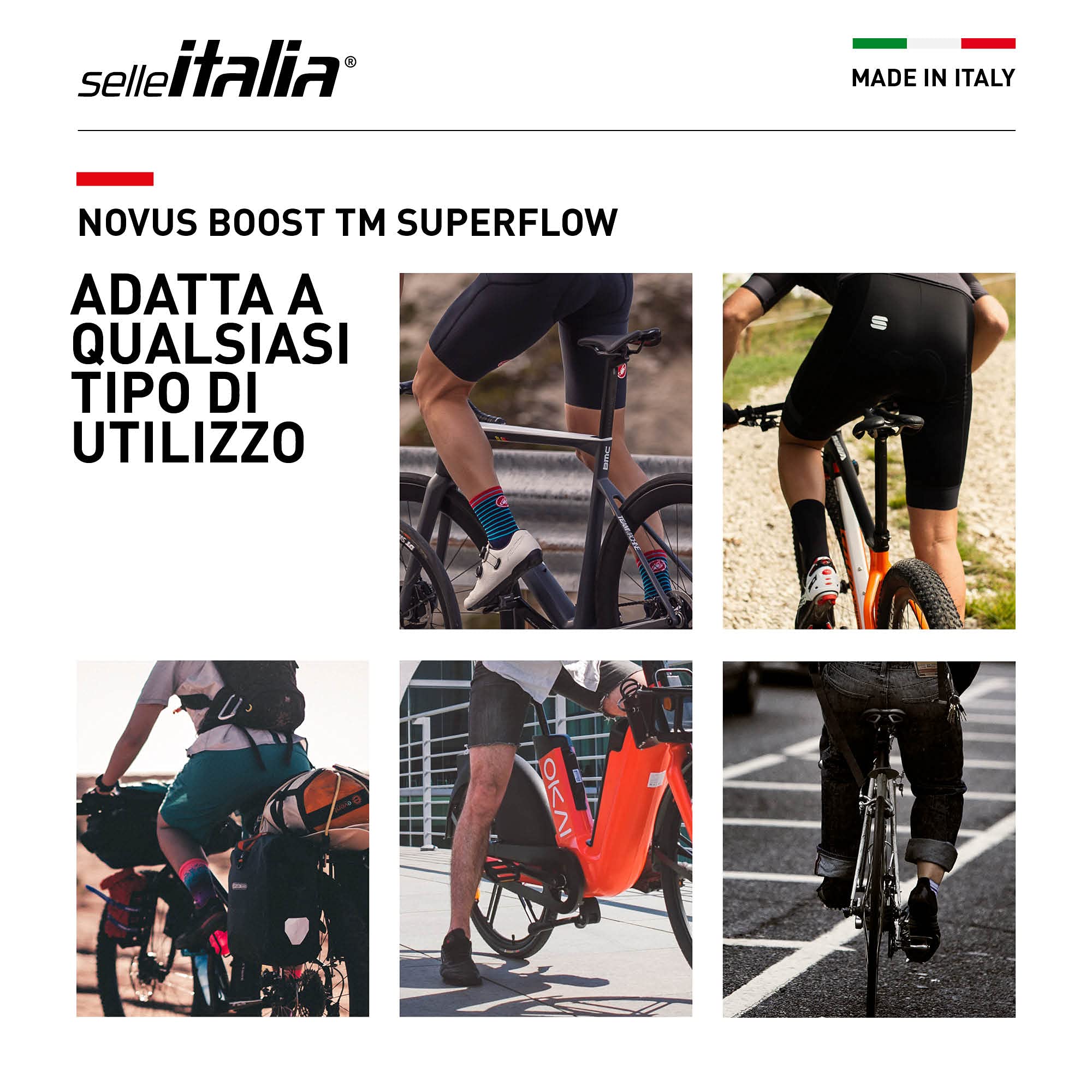 Selle Italia NOVUS Boost TM Superflow - Sella per Bicicletta Performance con Seduta Curva Larga e Imbottitura Maggiorata, Struttura Leggera in Microfibra Tecnica