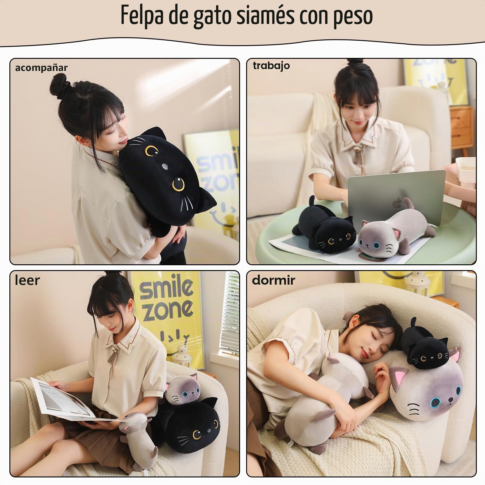 SQEQE Gato de peluche negro ponderado, gato negro, peluche para aliviar la ansiedad, peluche lindo, almohada suave, juguete, regalo para niños y adultos, 60 cm