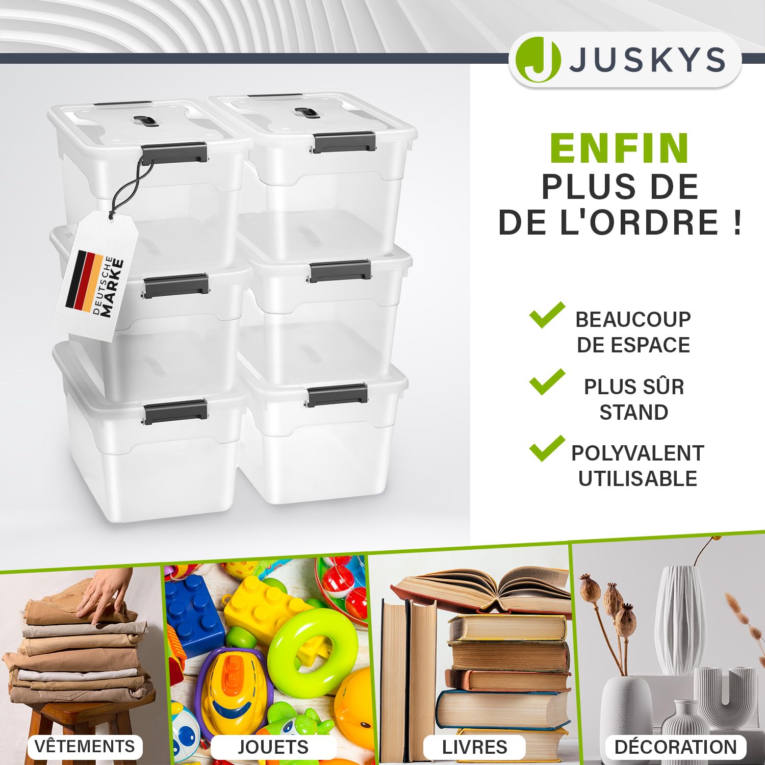 Juskys Boîte de rangement avec couvercle - ensemble de 6 boîtes en plastique de 30 l - grande boîte, empilable, transparente - rangement système de rangement boîtes de rangement