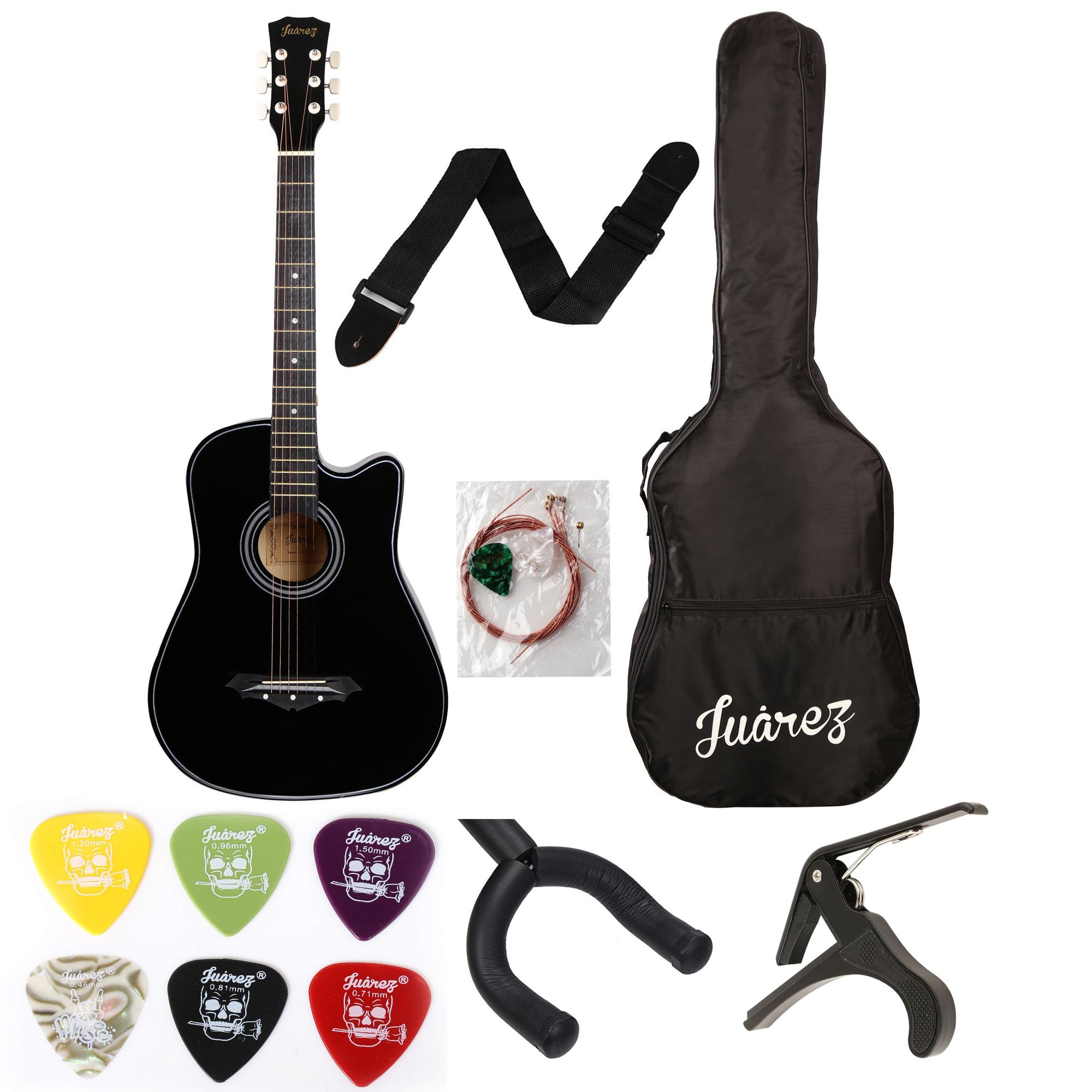 Juârez Acoustic Guitar Kit JRZ38C/BK 38” Cutaway (Black) with Bag, Strings, Strap, Pick | Combo with Capo, Wall Mount & 6 Guitar Picks Set – Complete Beginner Guitar Package-picture-34
