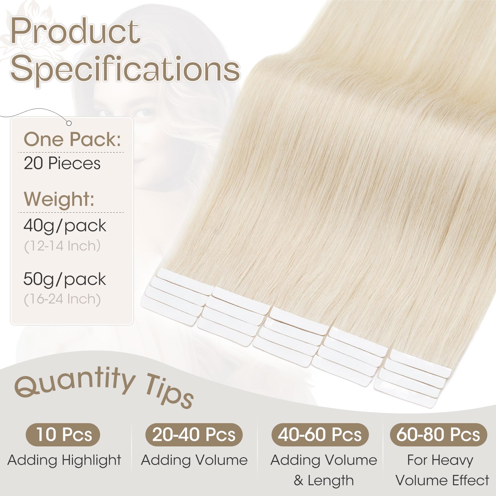 Elailite Tape in Hair Extensions Human Hair 20 Pcs Blonde - Image 4