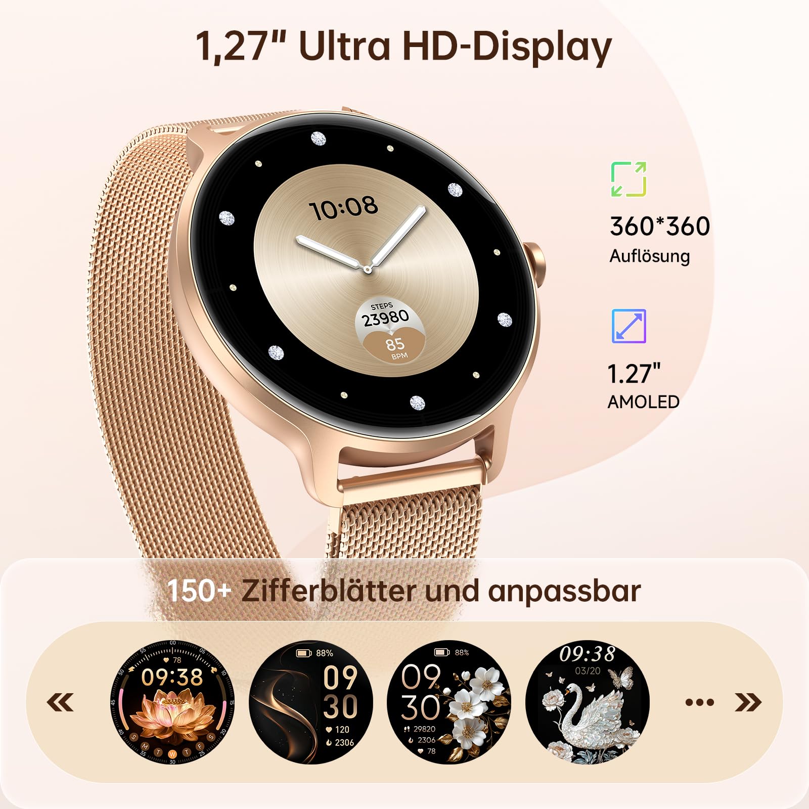 Smartwatch Damen Rund 1.27" AMOLED Smart Watch mit Telefonfunktion Fitnessuhr Pulsuhr SpO2 Schlafmonitor Schrittzähler 120+ Sportmodi IP68 Wasserdicht für iOS Android