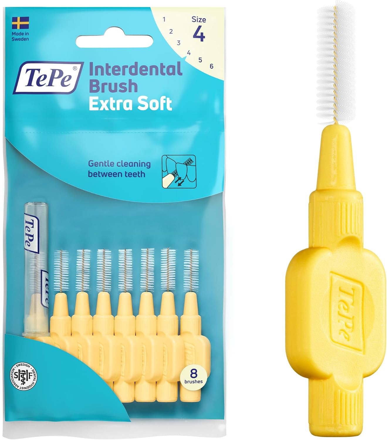 TePe Extra Soft szczoteczka Międzyzębowa, żółta, 0,7 mm/ISO 4, 8 szt. | Skuteczne czyszczenie przestrzeni międzyzębowych, Usuwanie płytki nazębnej