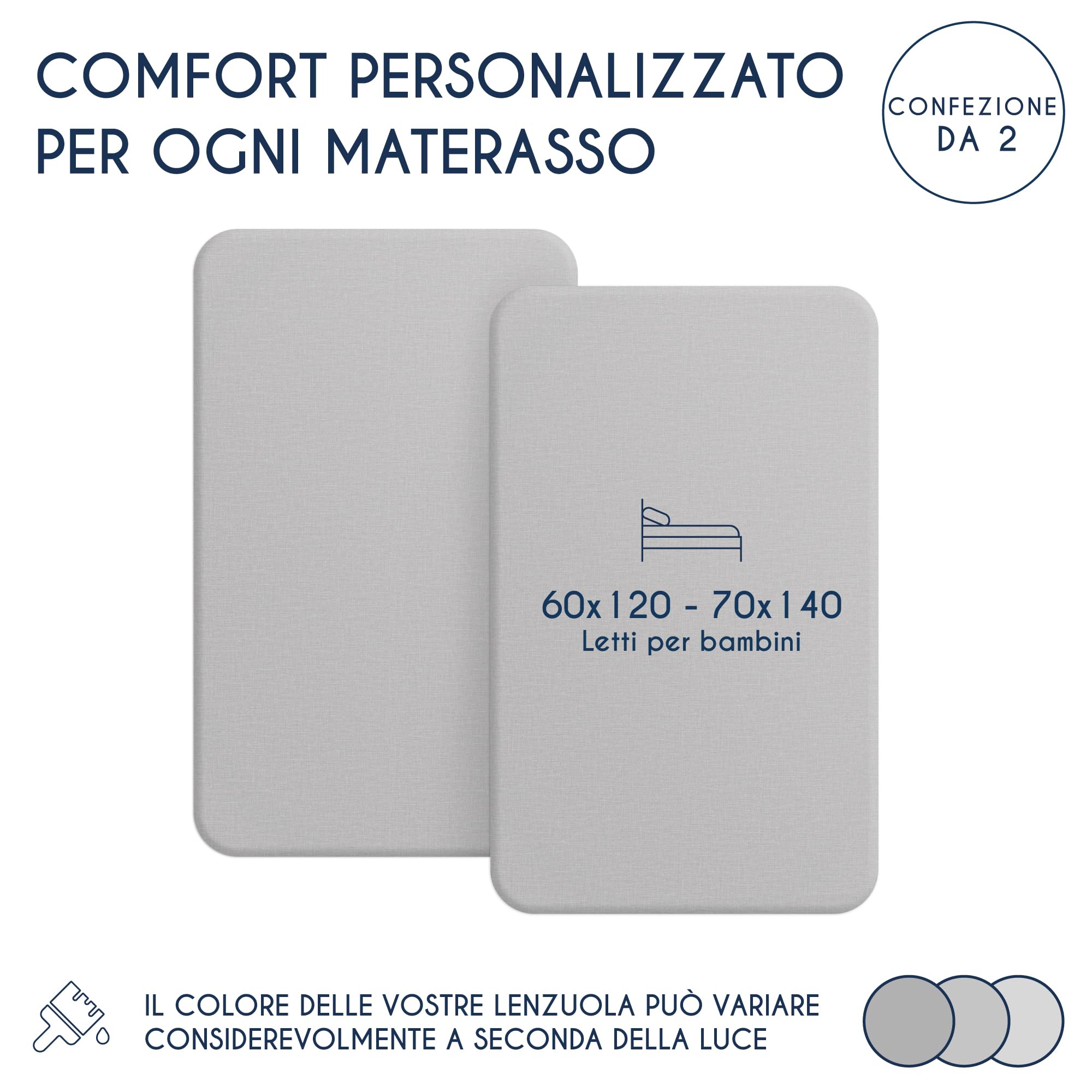 Dreamzie - Set 2 Lenzuolo con Angoli Cotone Bambini - 60x120/ 70x140 - Oeko Tex certificato - Grigio - Lenzuolo con Angoli 60x120/ 70x140