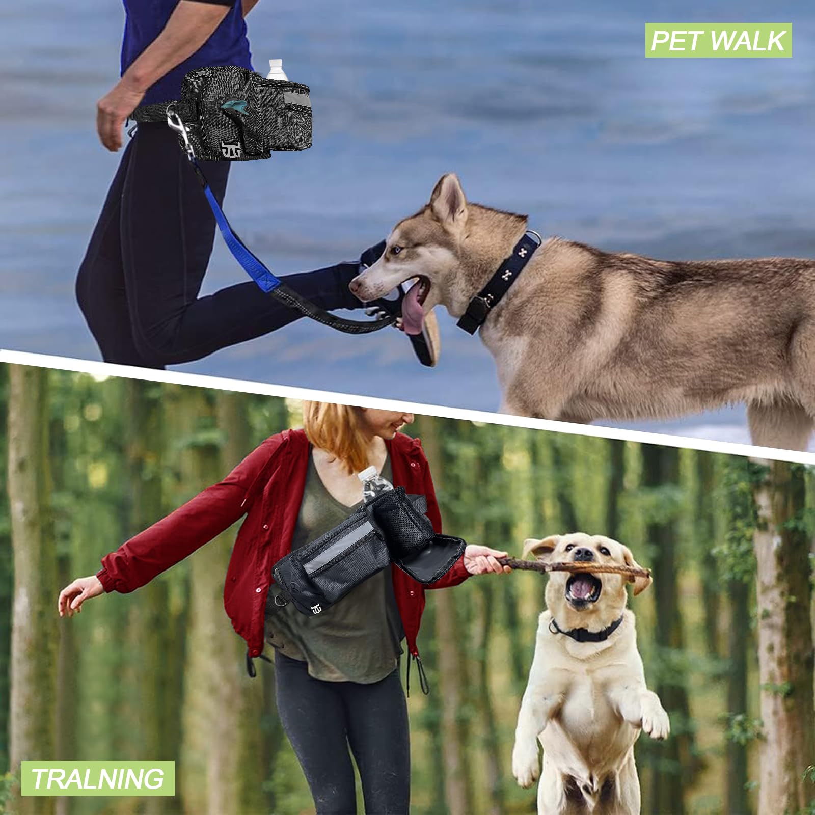 Borsa per cani e cani, borsa per cibo multifunzionale, per addestramento del cane, con dispenser per sacchetti, scomparto per cellulare e cintura per guinzagli flessibili, dolcetti e