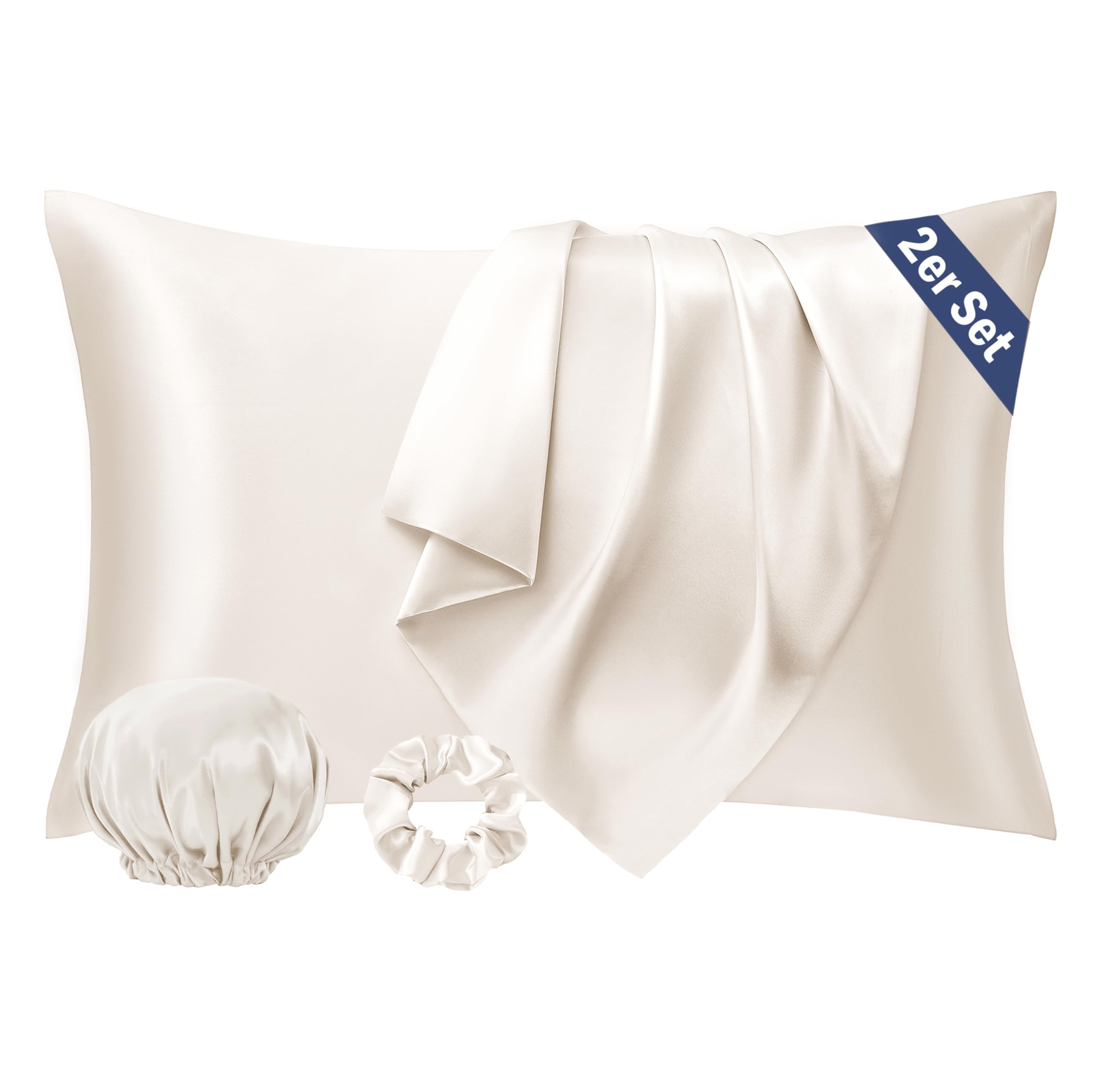 Seiwohl Funda de almohada de satén de 40 x 80 cm, 2 fundas de almohada de satén de 40 x 80 cm, funda de almohada para cabello y piel, similar a la seda, beige, con goma para el pelo y gorro