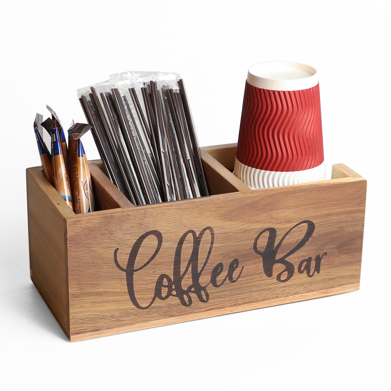 Acacia Wood Station Organizer,Coffee Station Organizer for Cup Lid Stirrers Pod, Disposable Coffee Cup Holder, Farmhouse Accessories Decor, Brown Labeled "Coffee Bar"