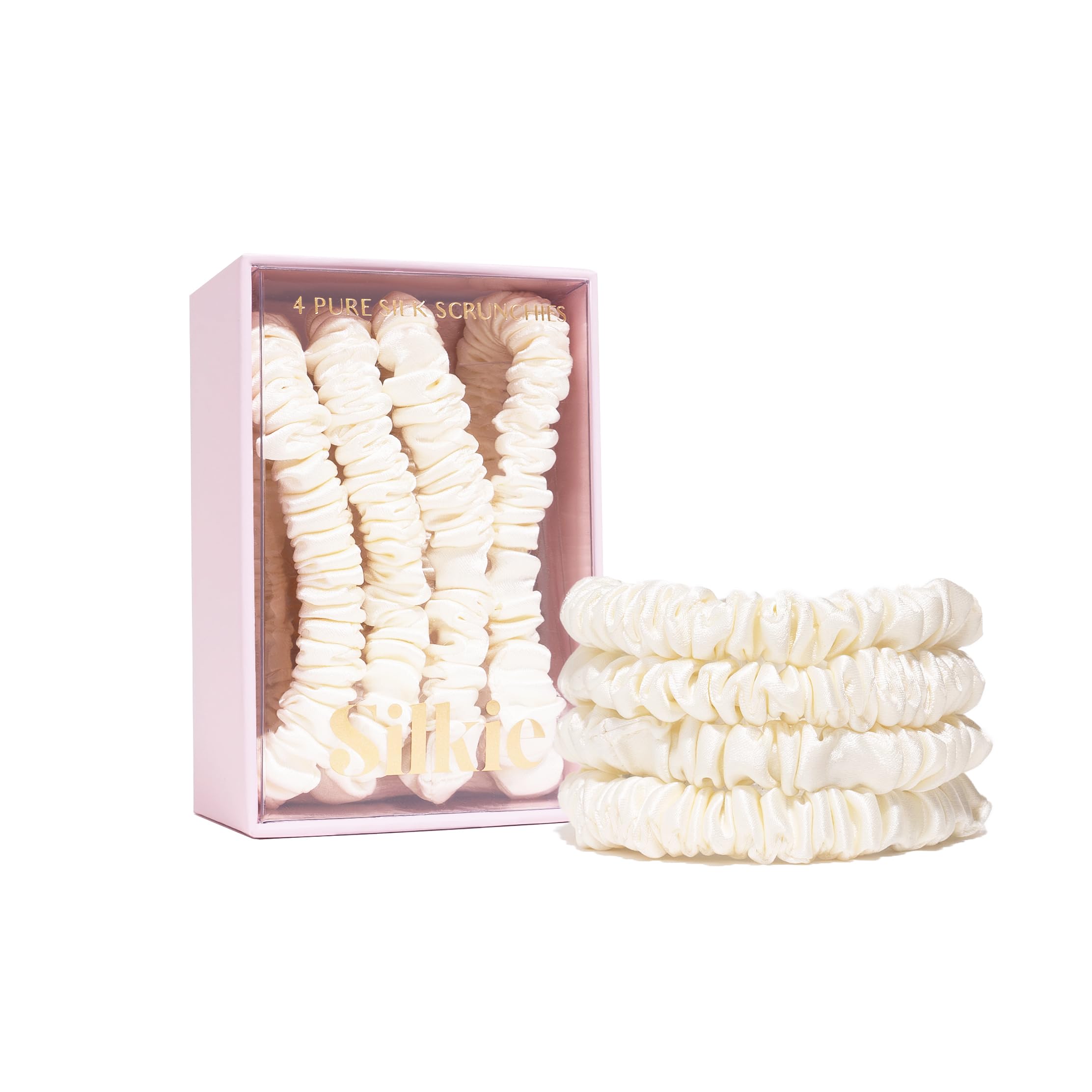 SILKIE x4 Set 100% Pure Mulberry Silk Cream Skinny Scrunchies Travel Pouch Everyday Hair Ties Elastics Hair Care Ponytail Holder No Damage (Soft Serve)