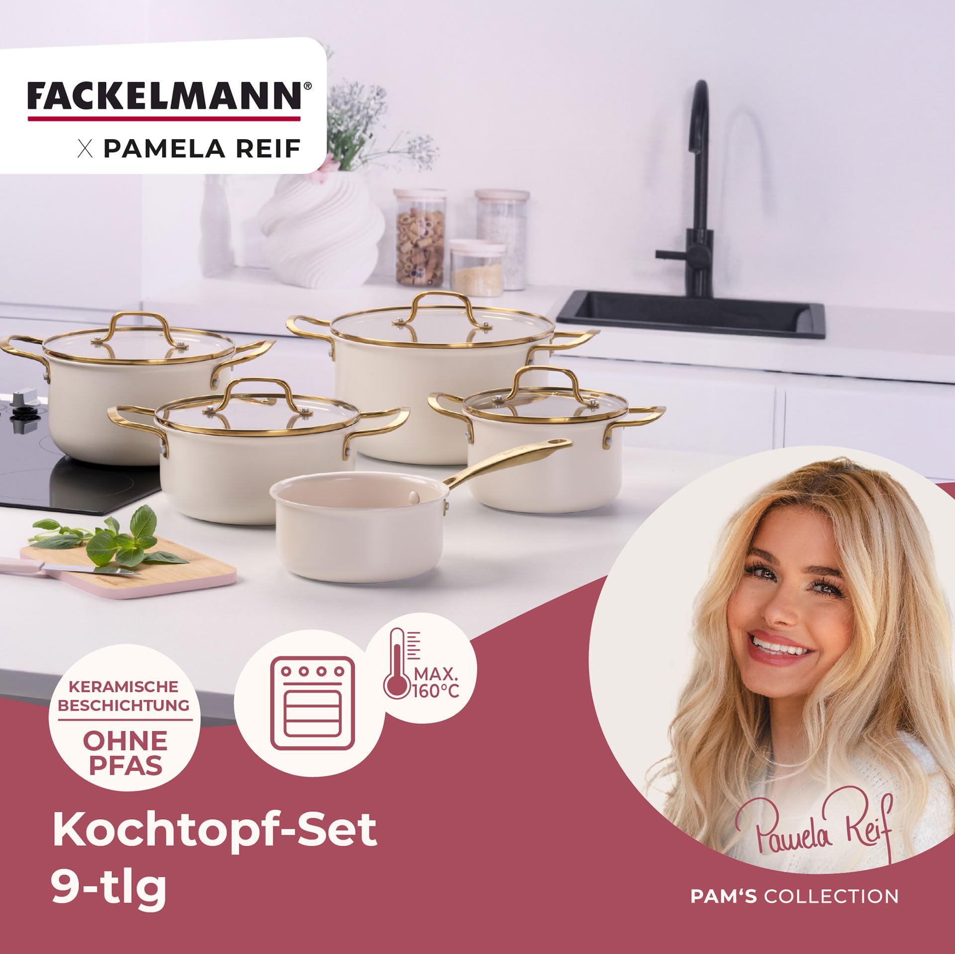 Fackelmann x Pamela Reif Kochtopf-Set 9-tlg. – Recyceltes Aluminium, Pastell Beige, inkl. Glasdeckel, PFAS-freie Keramikbeschichtung, Induktionsgeeignet