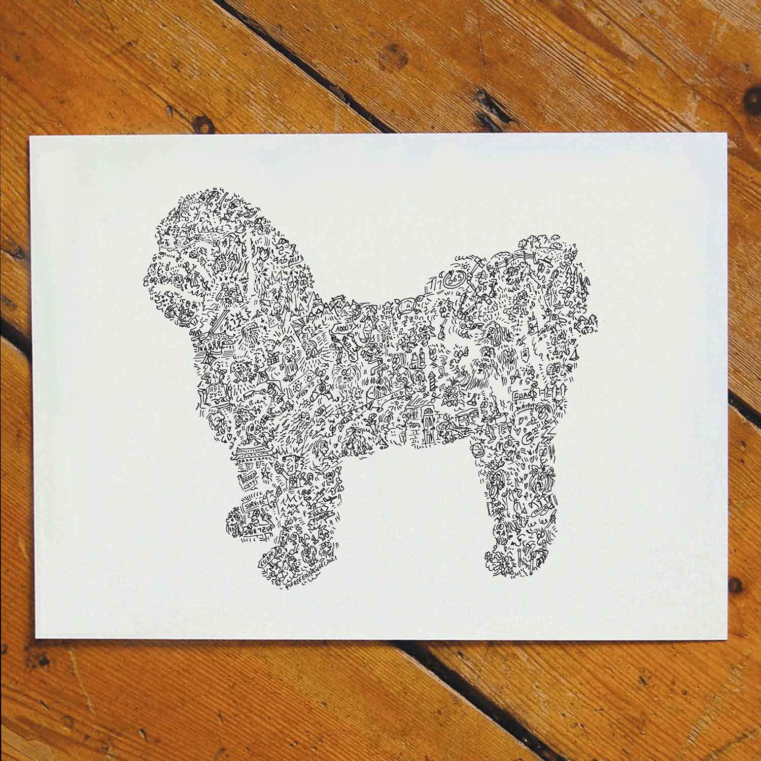 Poster Shih tzu - Affiche chien chinois - Stencil et bande dessinée - dessin biographie dans la silouhette - Handmade Graffiti Street Art (60x84cm - A1)