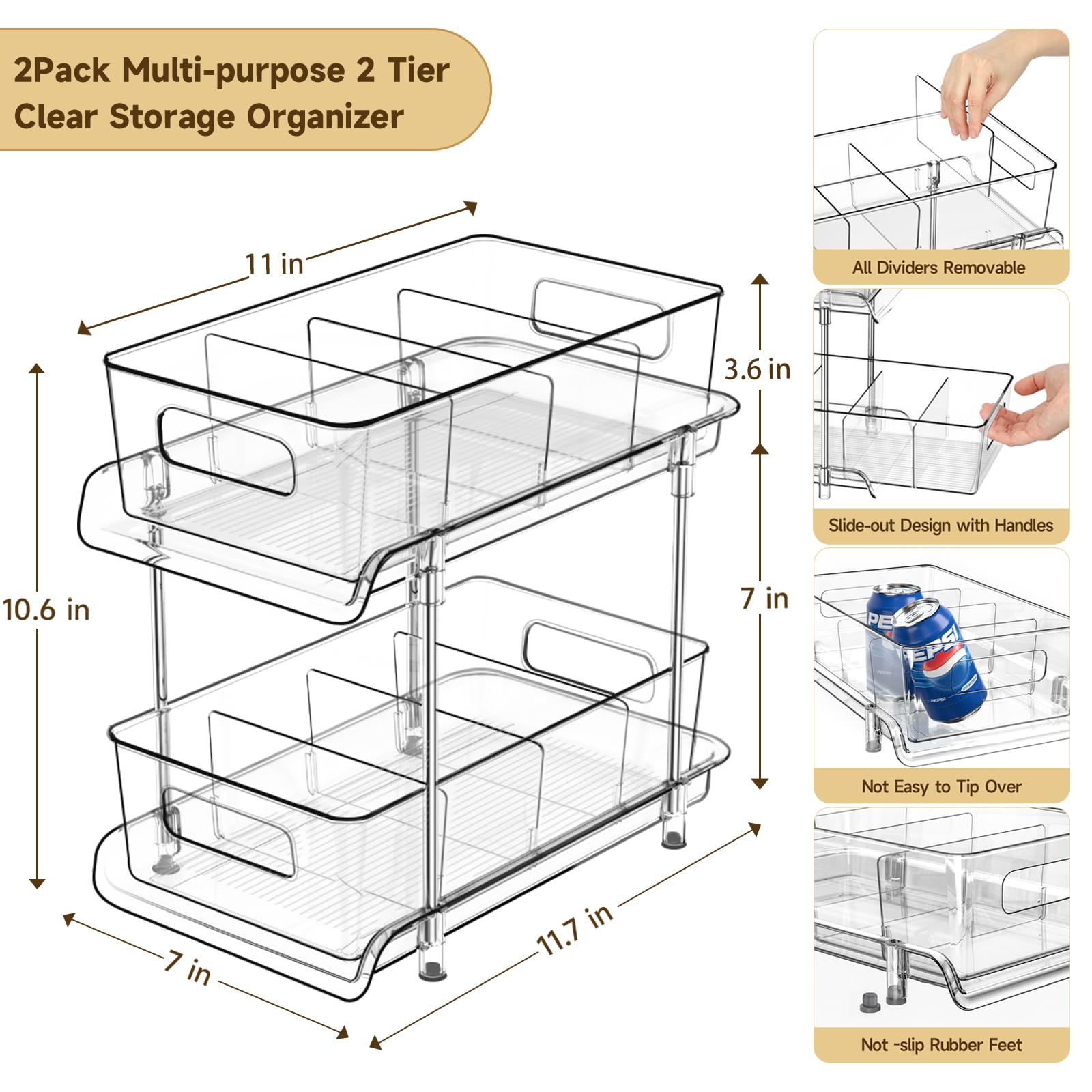 HIHEGD Organizer da bagno a 2 livelli con divisori, trasparente sotto il lavandino e organizer estraibile per cucina e dispensa