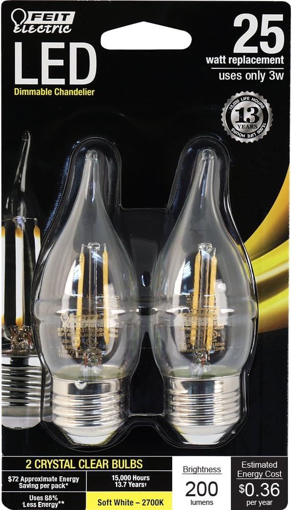 🛒 Crаzу Dеаlѕ Feit Electric - Decorative Clear Glass Filament LED Dimmable 25 Watt Equivalent Soft White (2700K) Flame Tip Chandelier Bulb, Standard Base, Pack of 2 (BPEFC25/827/LED/2)