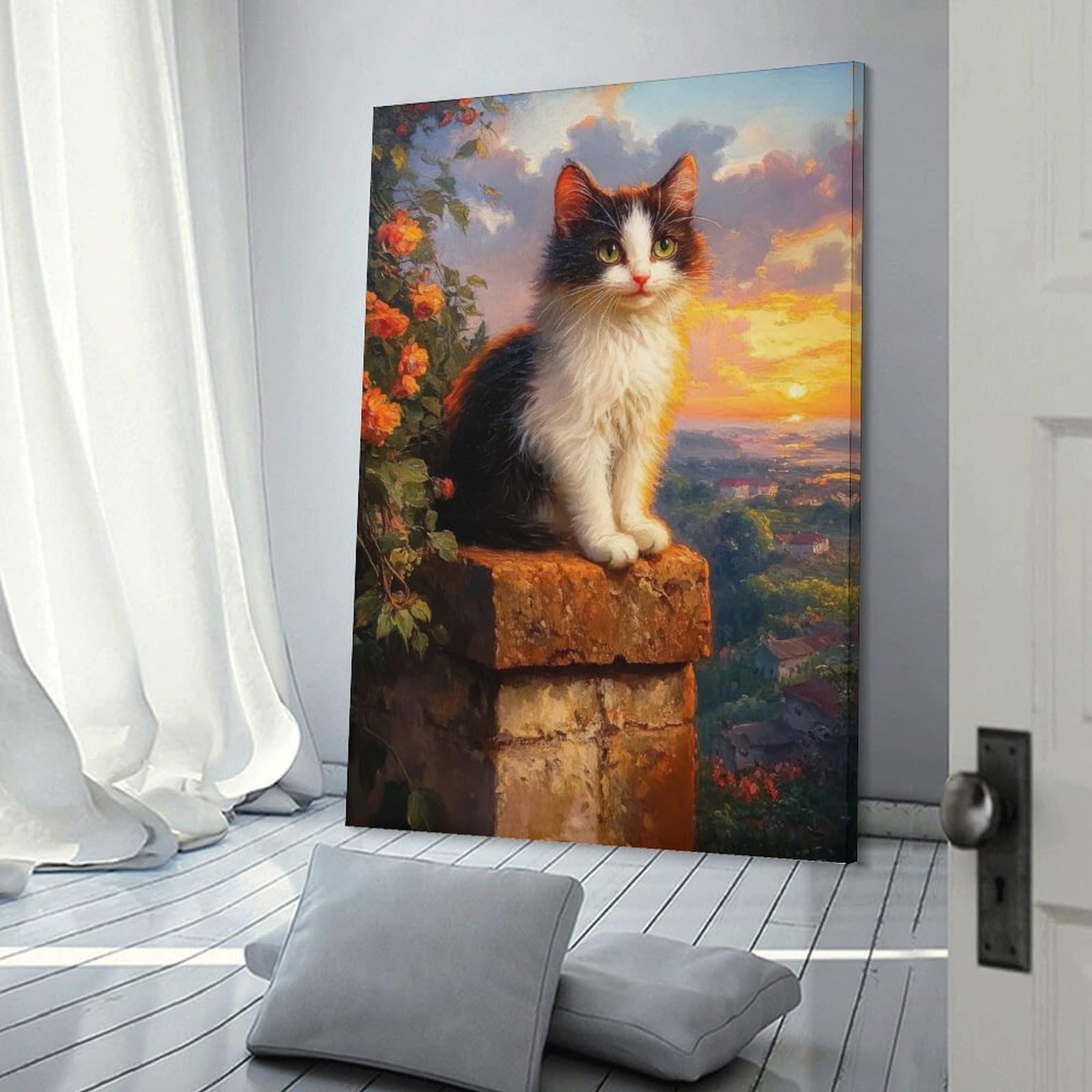 Junmoney Frame-Style-10 Hanging Wall Art Cat At Sunset, 20X30inch(50X75cm), For Gallery Wall Layouts In Home Or Office, An Easy Match For Collected Prints