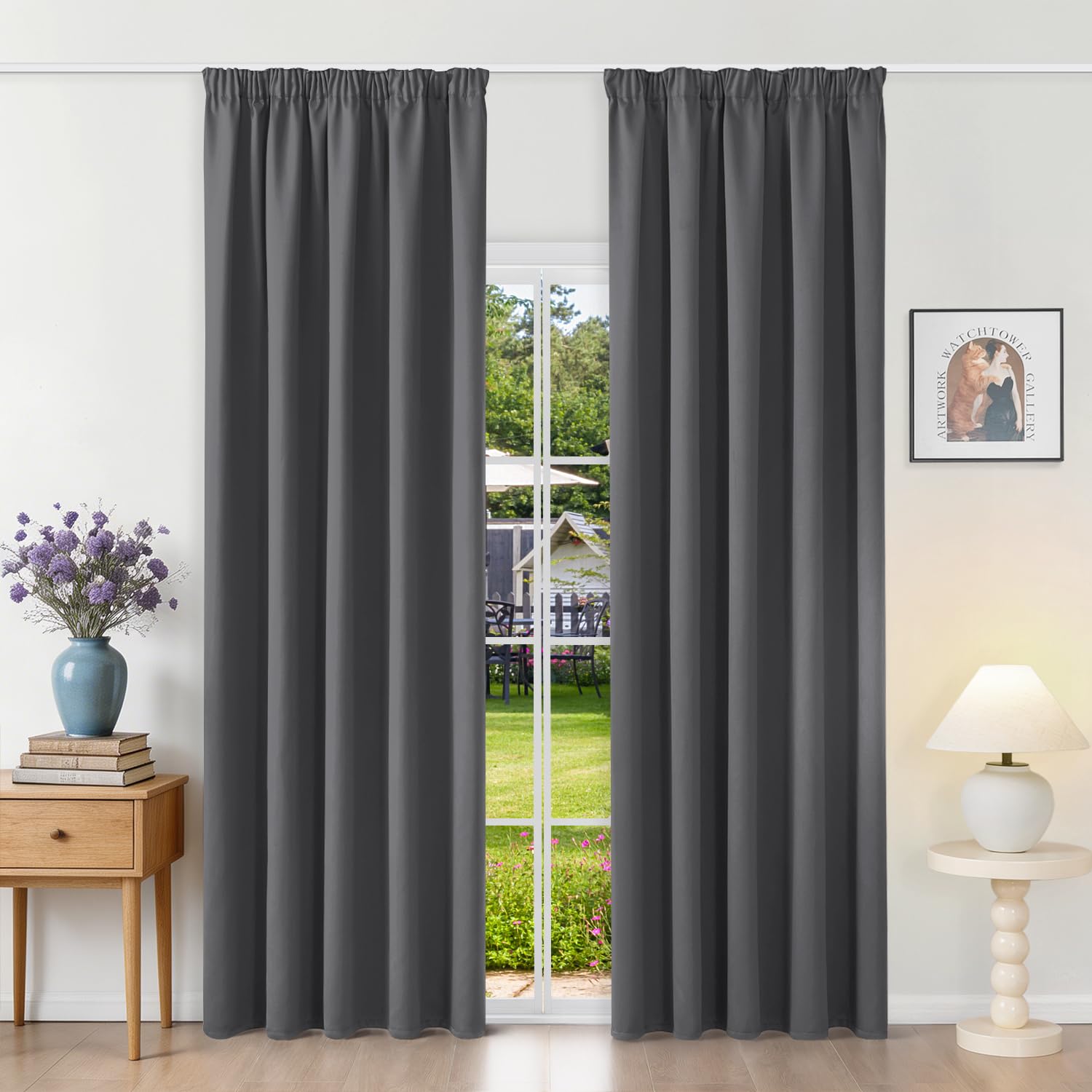 Runyéla Pencil Pleat Blackout Curtains for Bedroom Grey Thermal Curtain 66 x 54 Inch Drop Kitchen Living Room 2 Panels Dark Gray