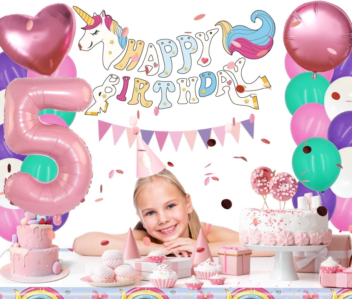 5th Girl Birthday Unicorn Party Decorations set, 5 Year Old Party Supplies for Girls with Balloons Garland kit, Birthday Tablecloth, Unicorn Banner - Image 4
