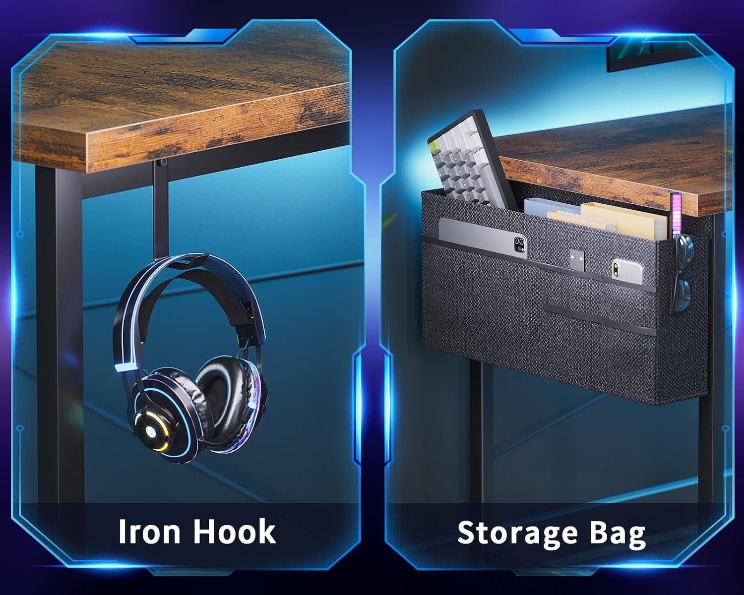 Close-up view of the iron hook and storage bag accessories on the ODK L Shaped Desk.