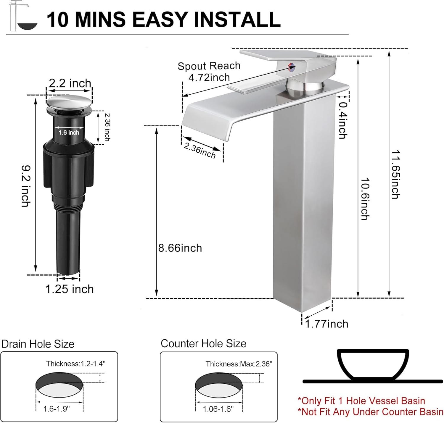 Tall Vessel Sink Faucet Brushed Nickel, Brass Waterfall Vessel Faucet, Single Handle Bathroom Faucet Tall Modern Bathroom Faucets for Vessel Sinks with Pop Up Drain and Supply Hoses - Image 5
